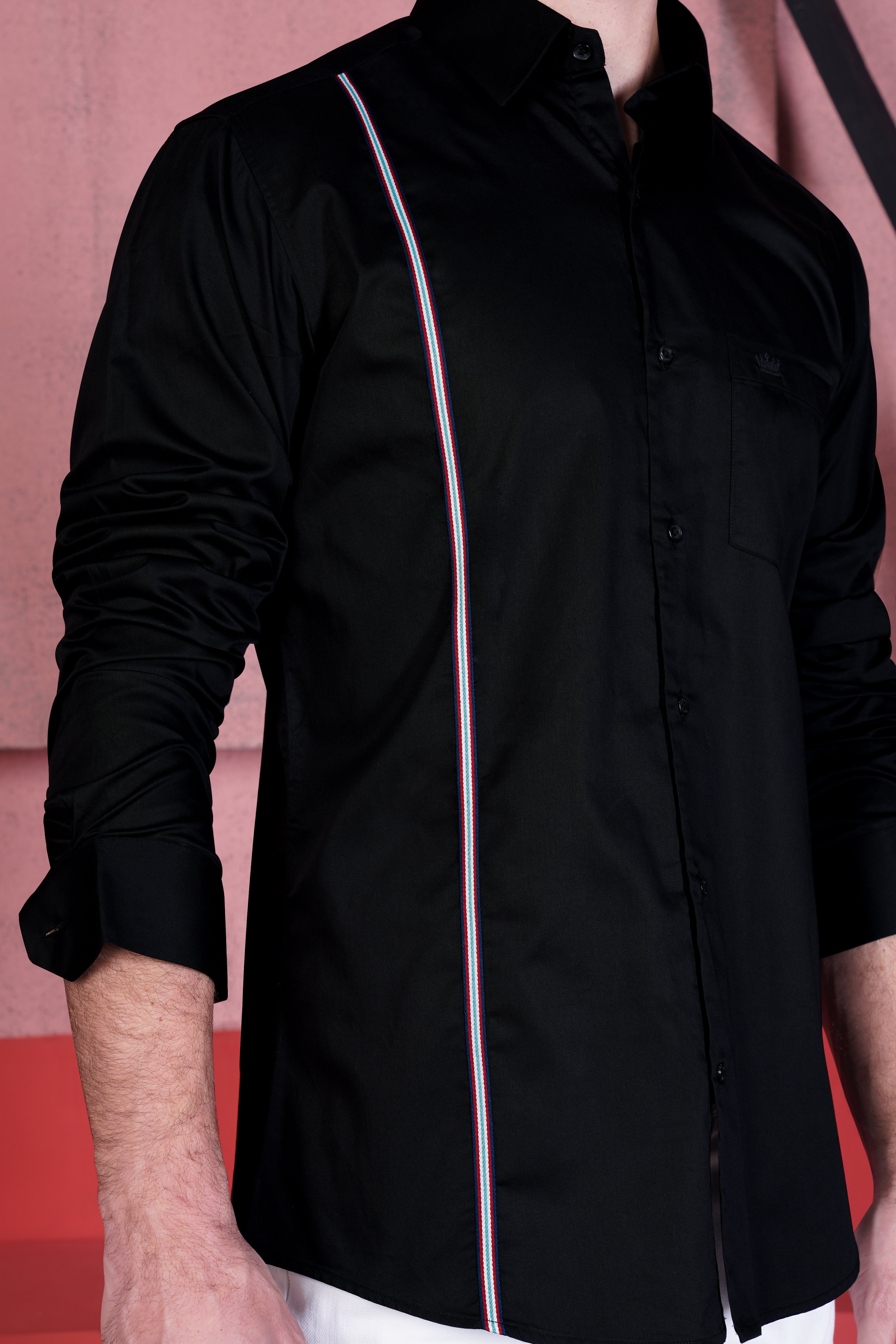Jade Black with Carmine Red three trimming Patterned Premium Cotton Shirt