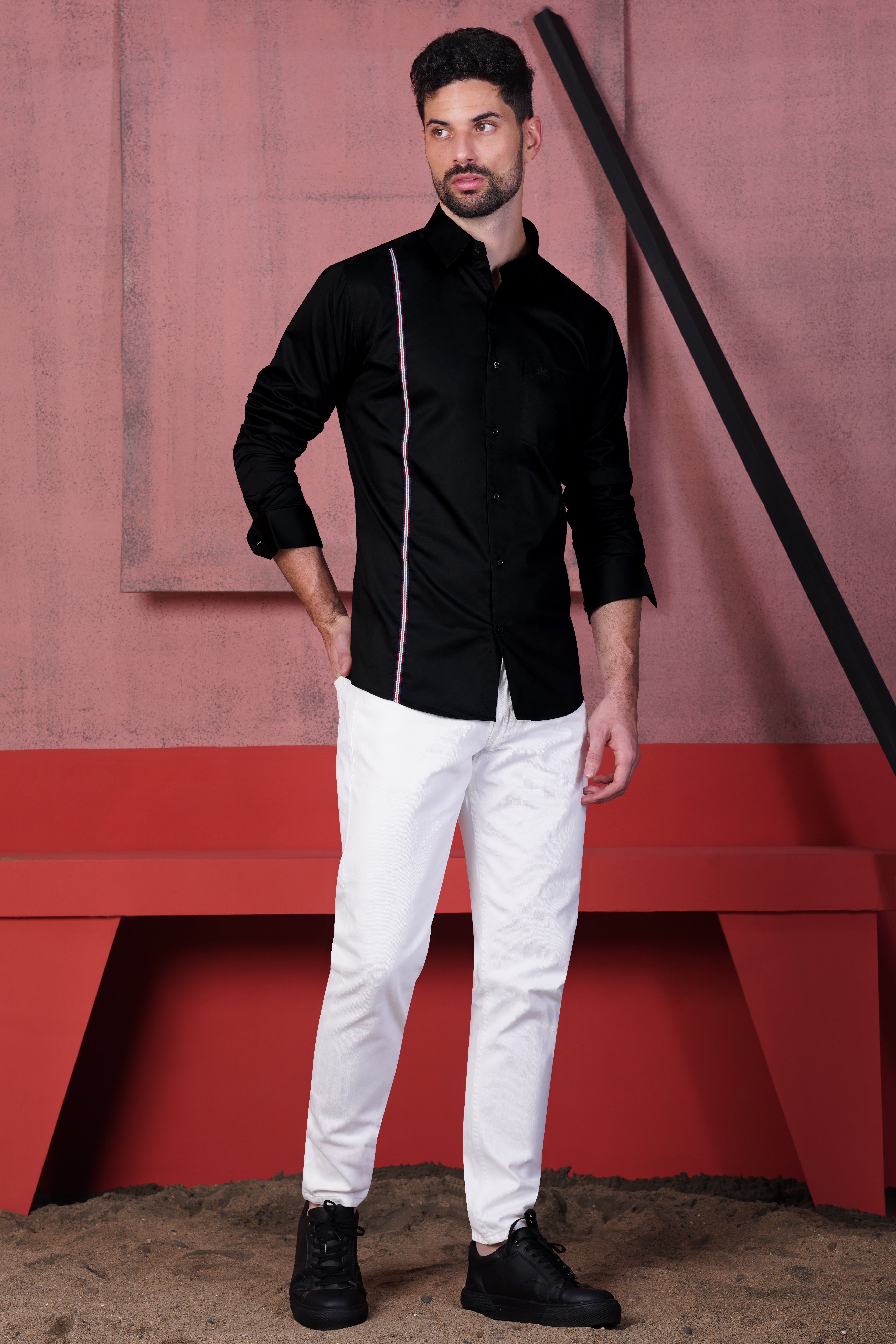 Jade Black with Carmine Red three trimming Patterned Premium Cotton Shirt
