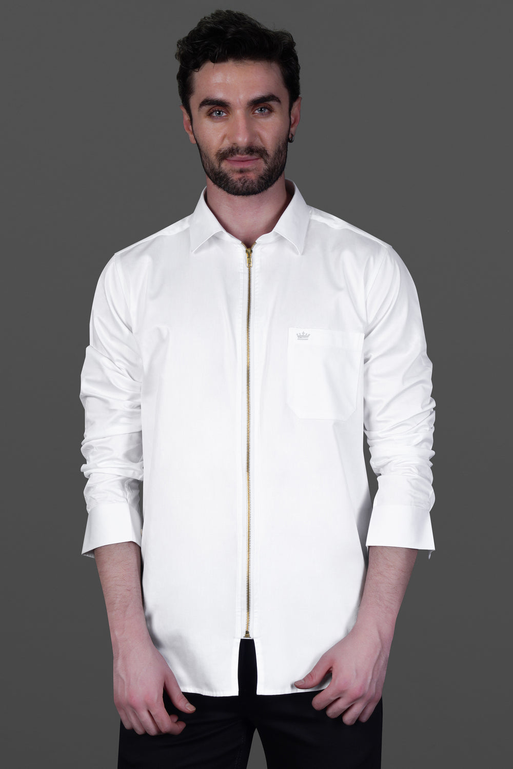 BRIGHT WHITE SUBTLE SHEEN ZIPPER CLOSURE PREMIUM SATIN SHIRT