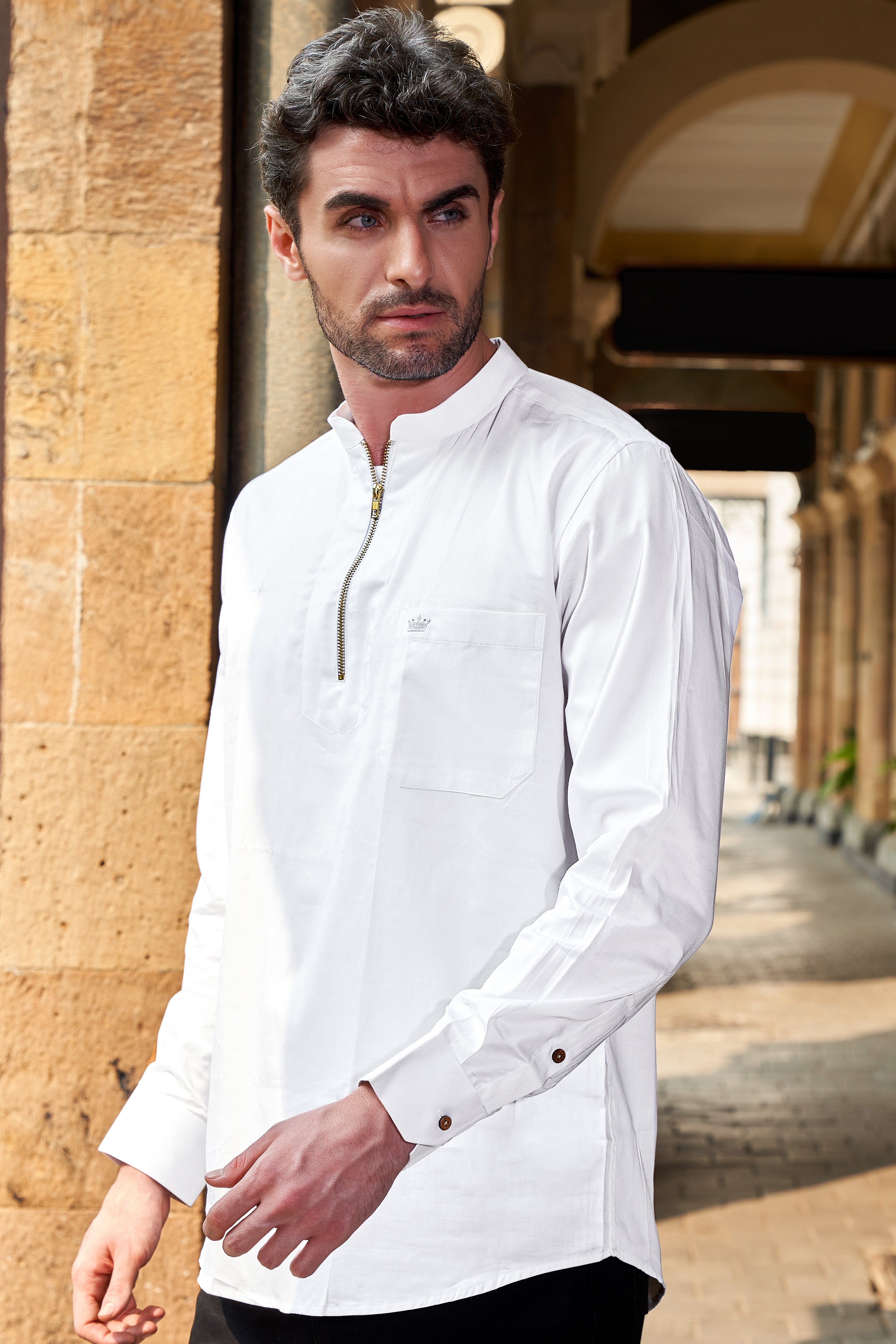 Bright White Subtle Sheen Zipper Closure Premium Cotton Shirt