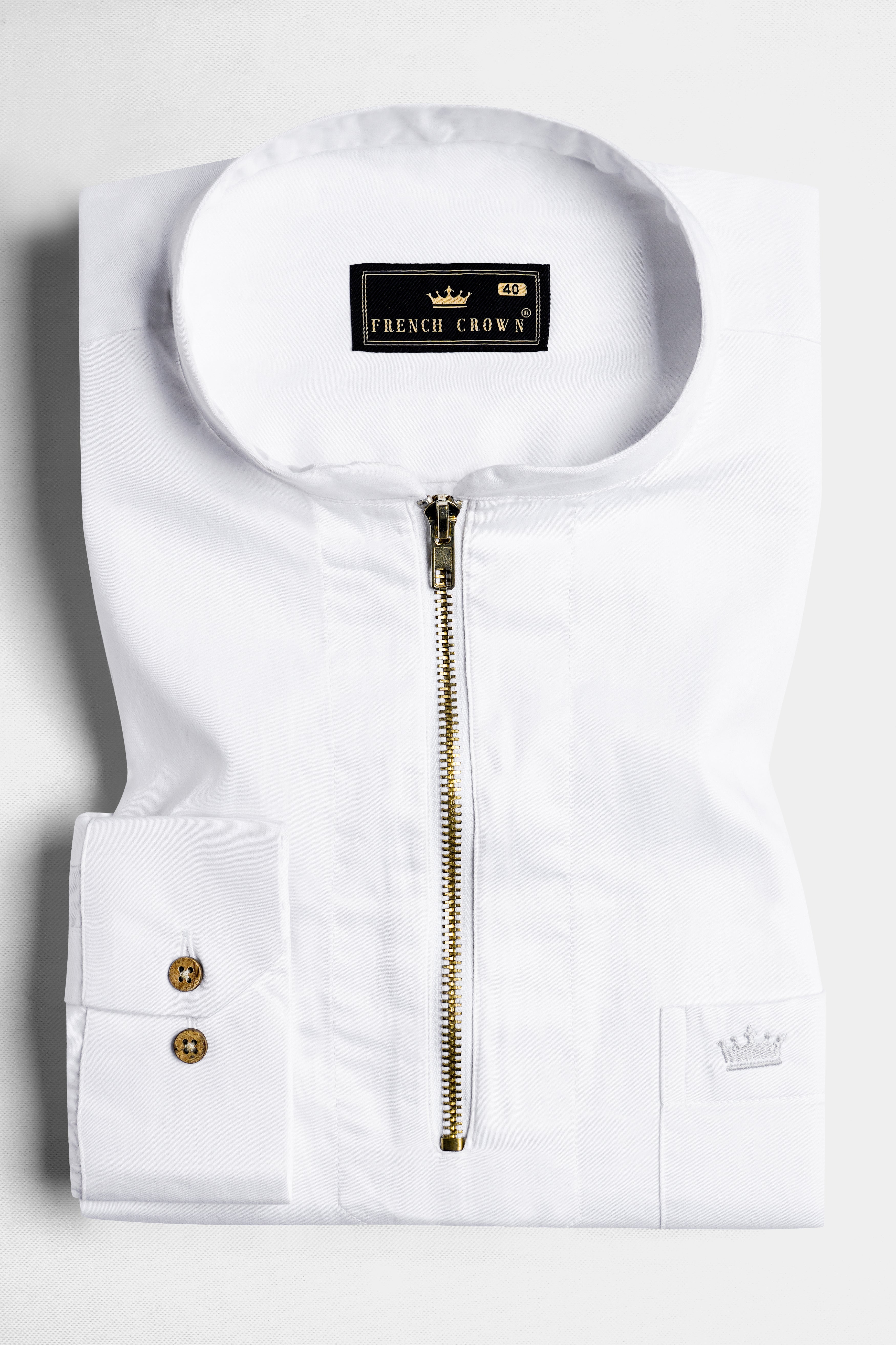 Bright White Subtle Sheen Zipper Closure Premium Cotton Shirt