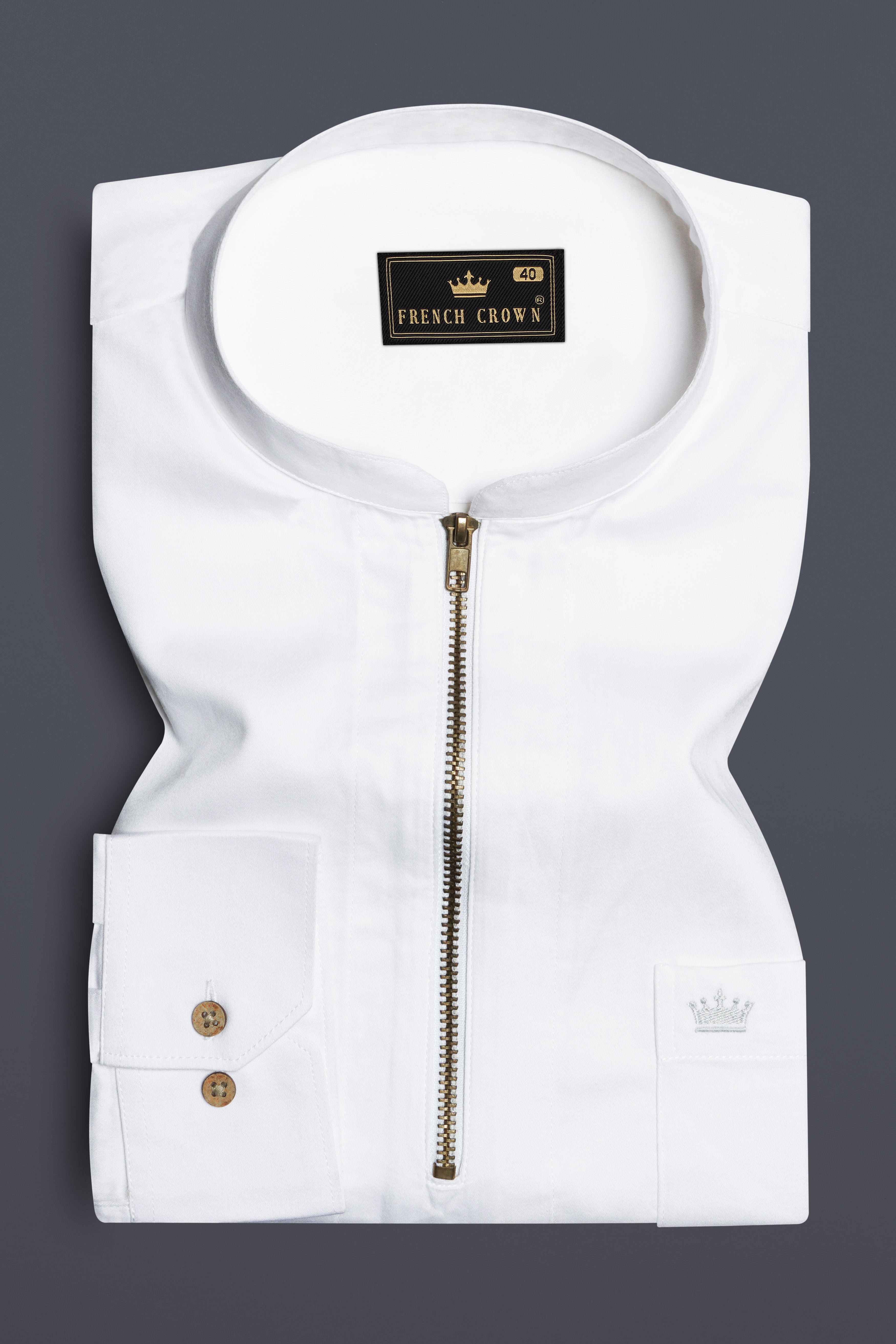 Bright White Subtle Sheen Zipper Closure Premium Cotton Shirt