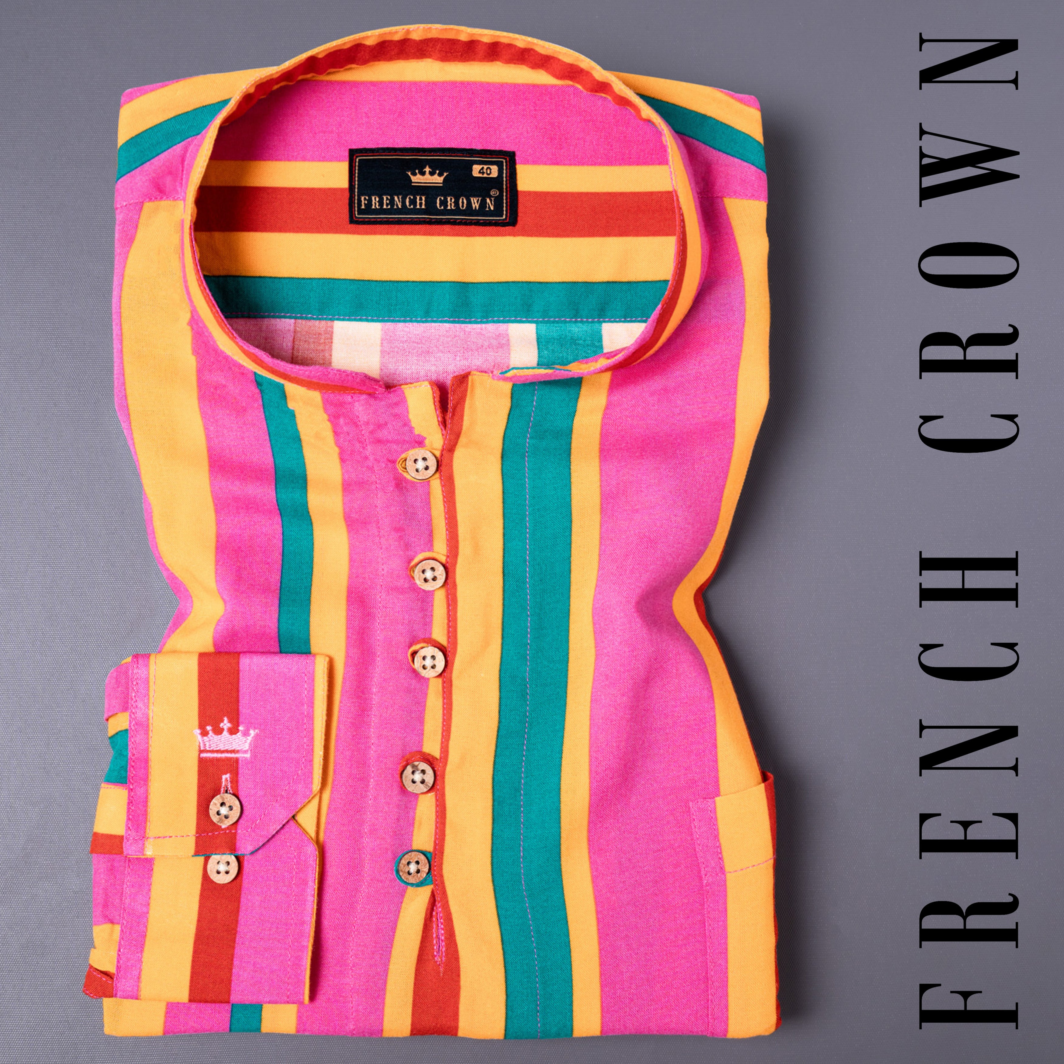 Persian Pink and Rajah Multicolour Striped Premium Tencel Kurta Shirt