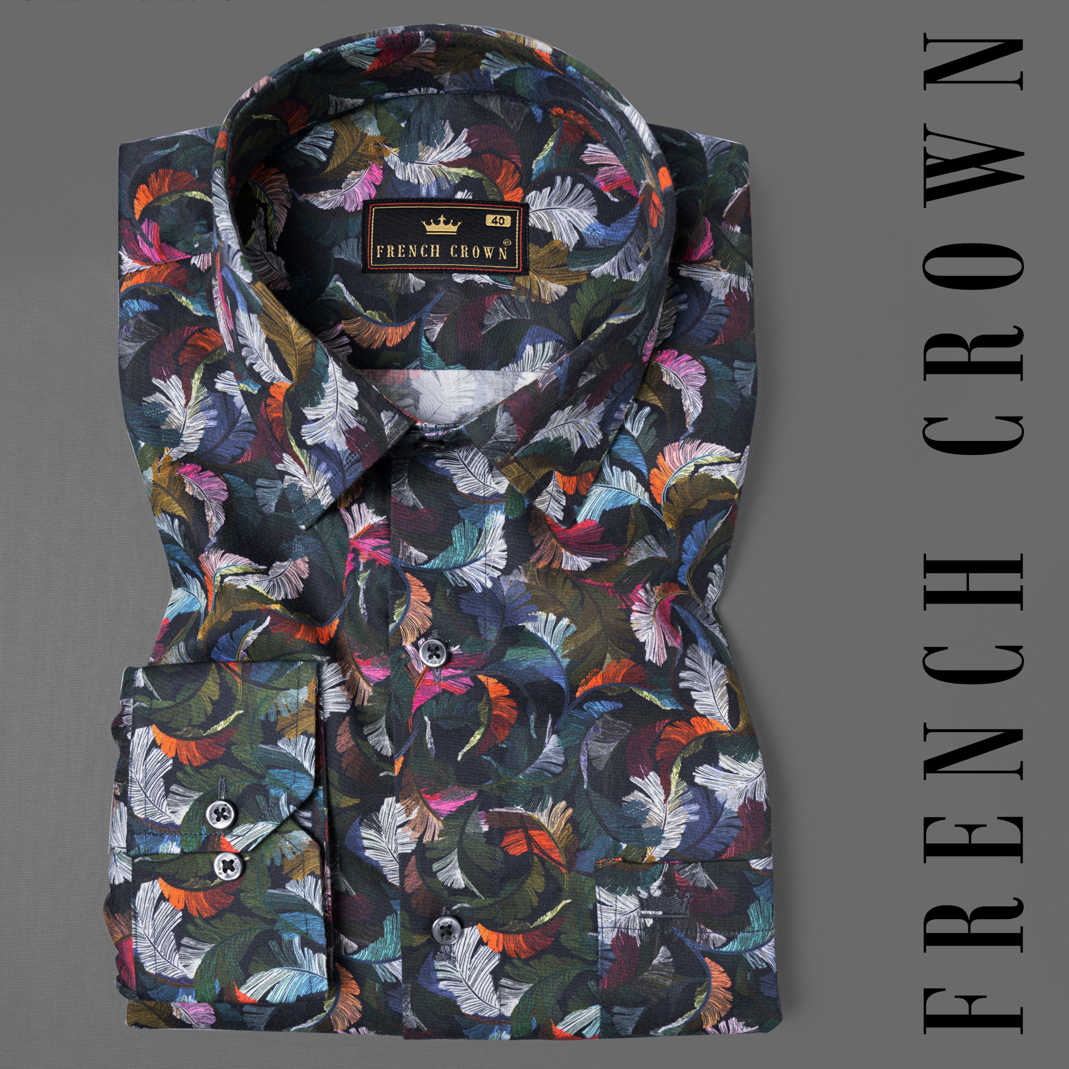 Jaguar Black Multicolor Feathers Printed Premium Cotton Shirt