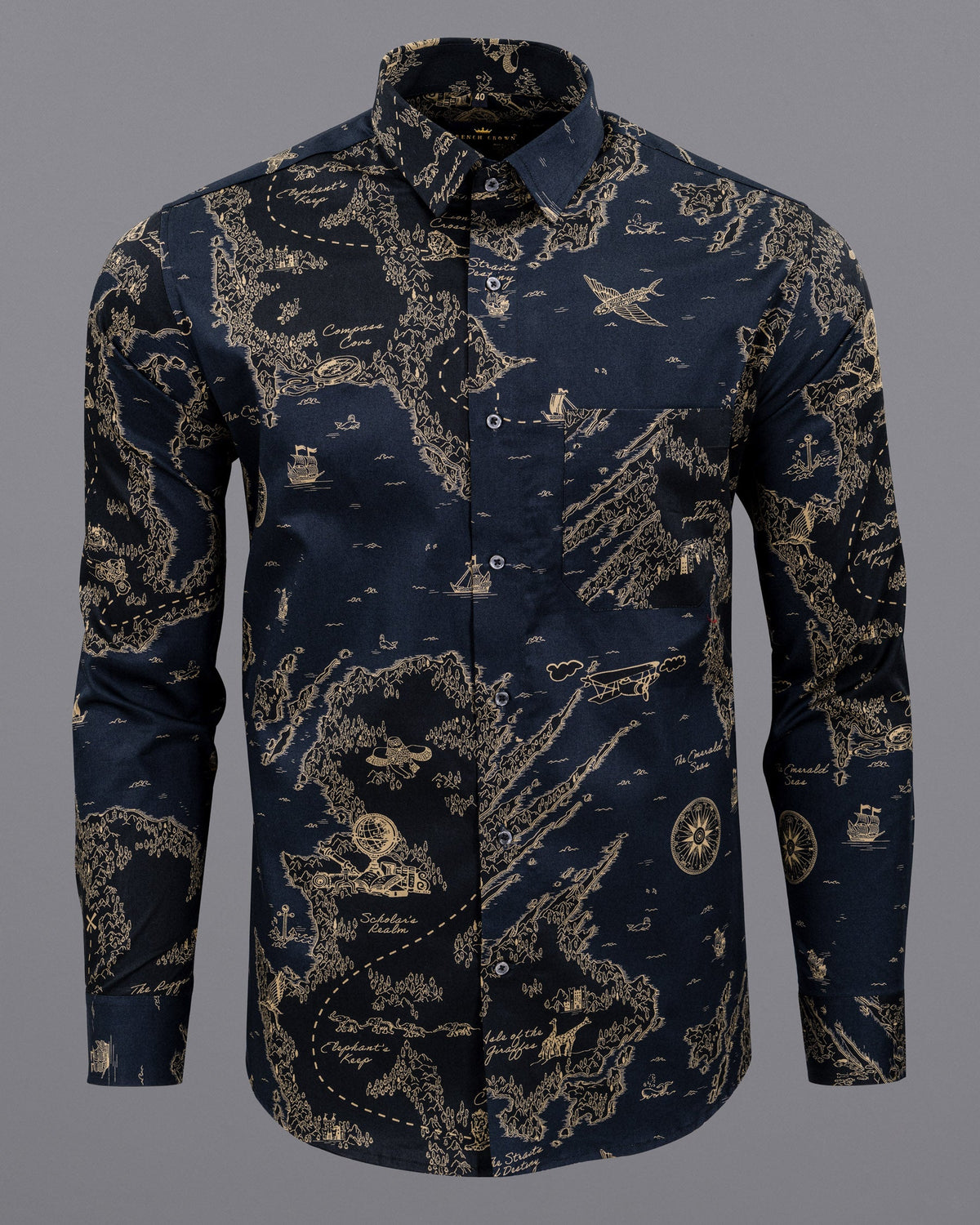 Licorice Blue with golden Map Print Royal Oxford Shirt
