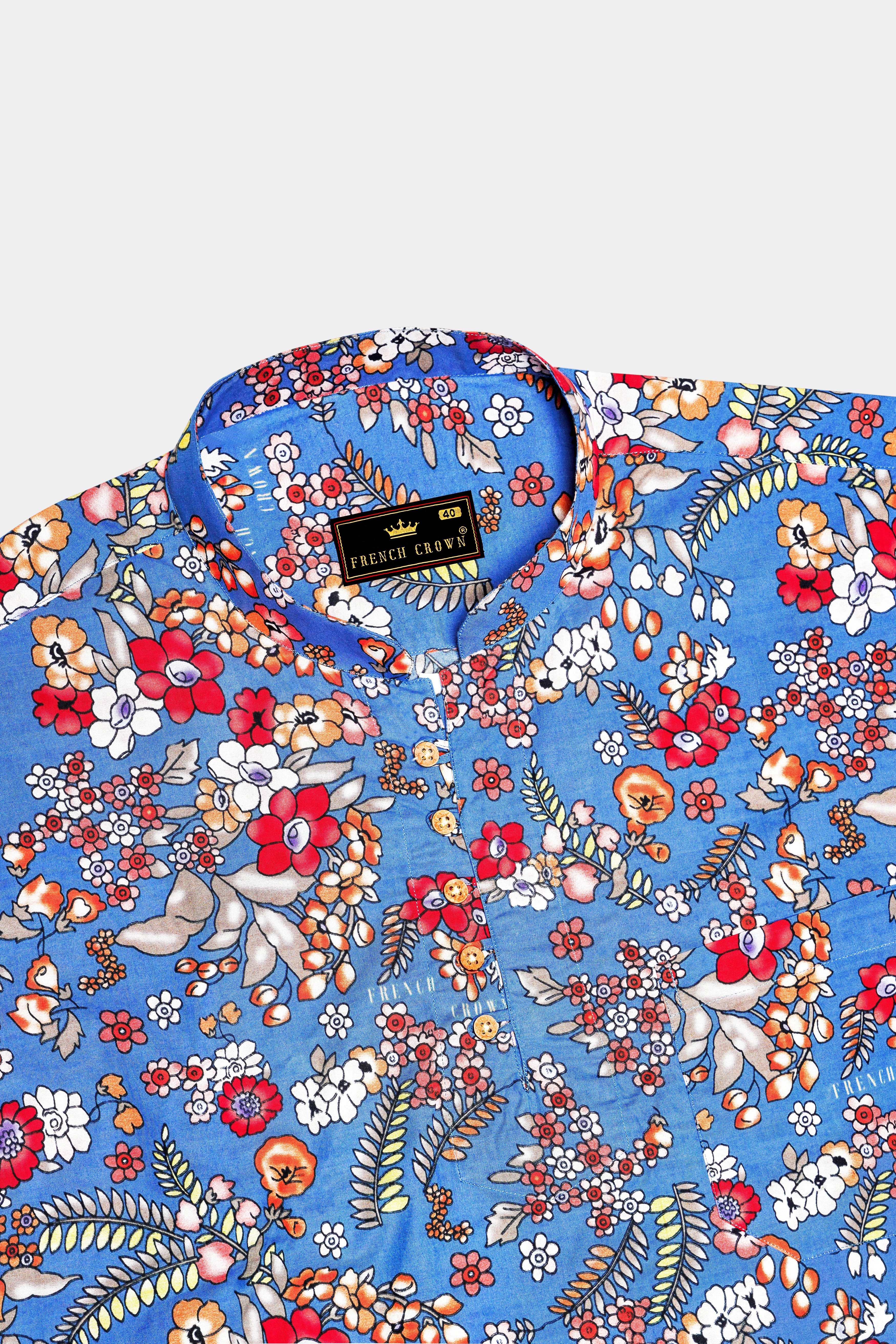 Shakespeare Blue Floral Printed Premium Cotton Kurta Shirt
