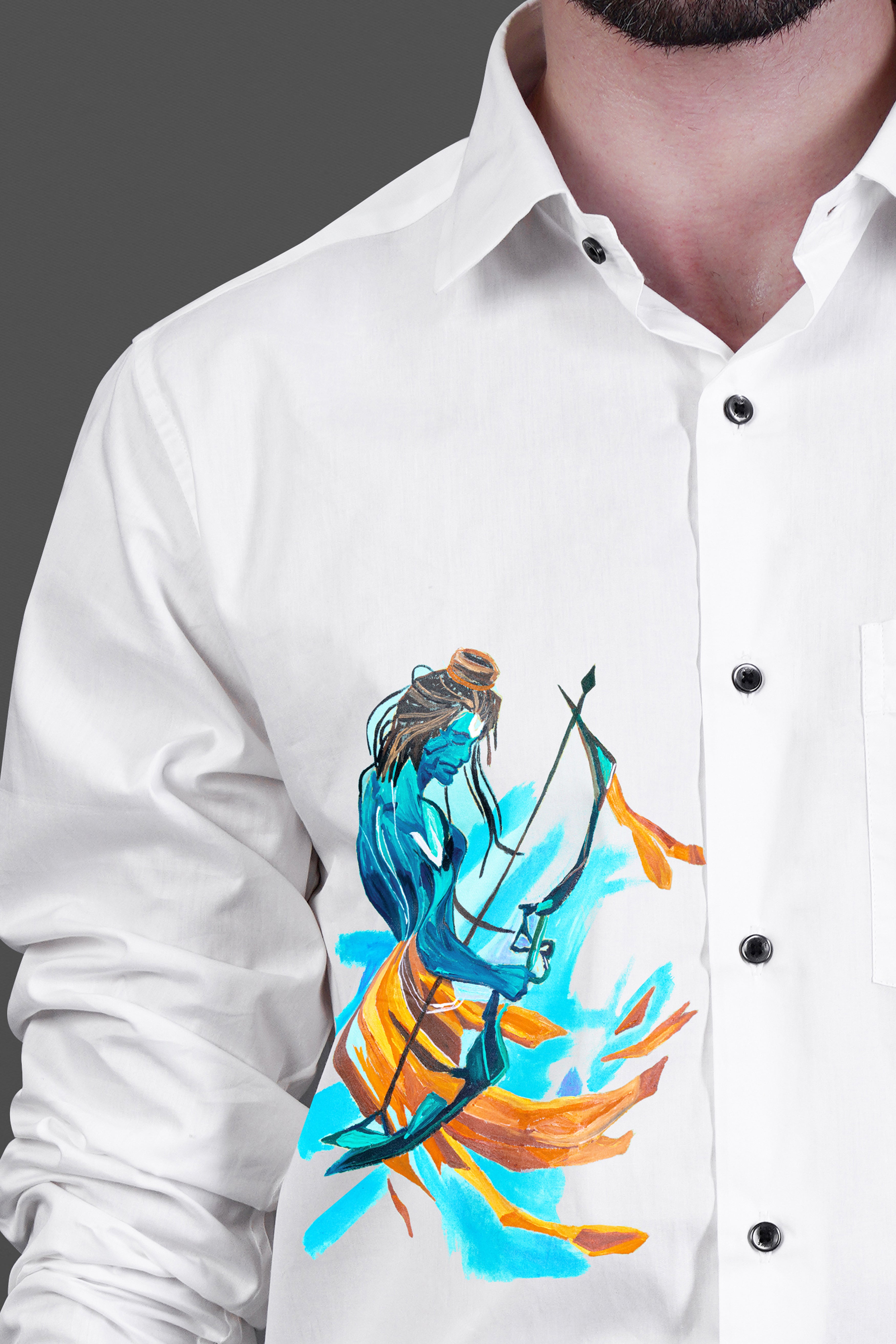 Bright White Lord Ram Hand Painted Effect Premium Cotton Designer Shirt