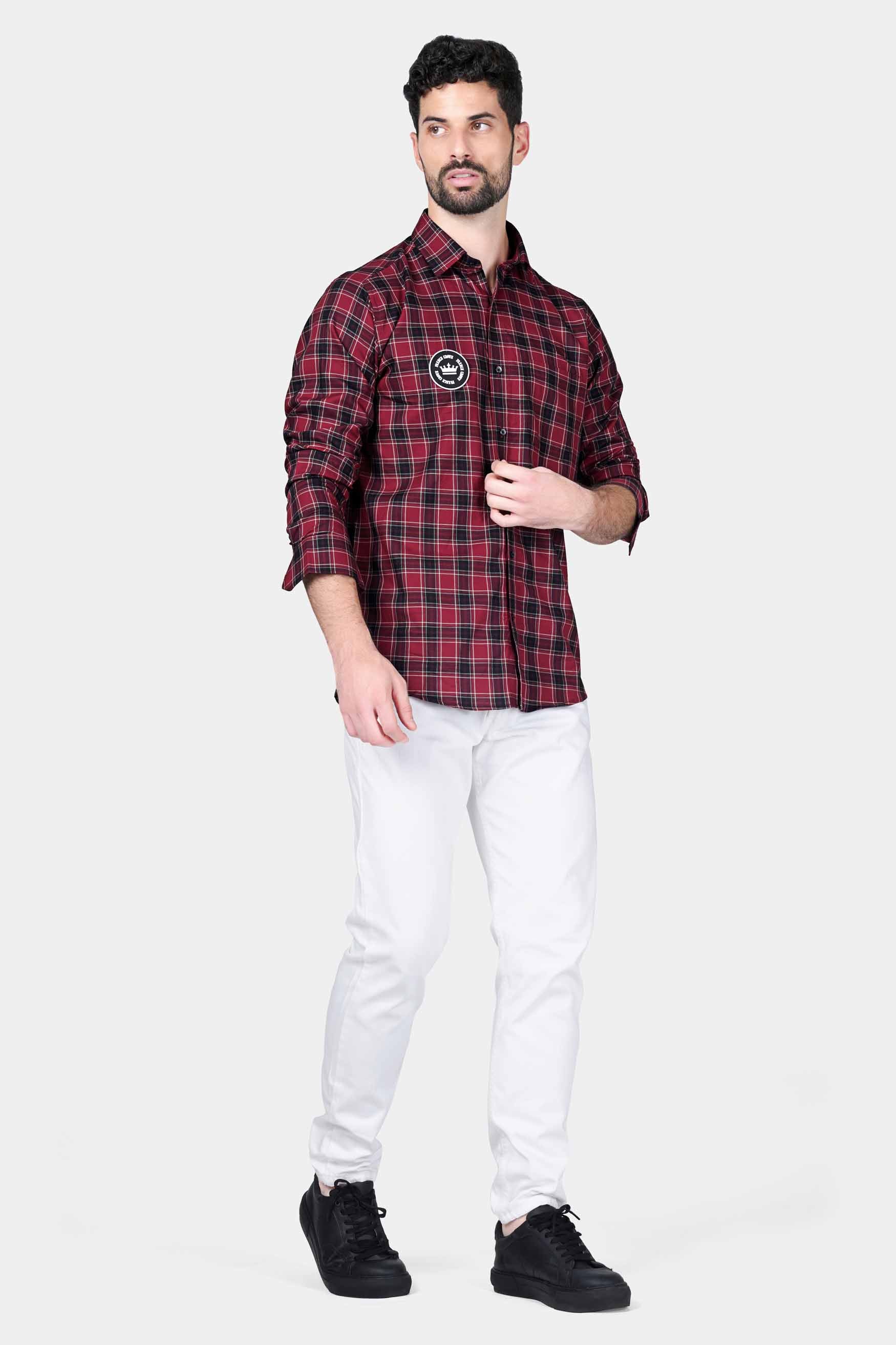 Stiletto Red and Haiti Blue Plaid With Brand Name Patchwork Twill Premium Cotton Designer Shirt 5662-BLK-E278-38, 5662-BLK-E278-H-38, 5662-BLK-E278-39, 5662-BLK-E278-H-39, 5662-BLK-E278-40, 5662-BLK-E278-H-40, 5662-BLK-E278-42, 5662-BLK-E278-H-42, 5662-BLK-E278-44, 5662-BLK-E278-H-44, 5662-BLK-E278-46, 5662-BLK-E278-H-46, 5662-BLK-E278-48, 5662-BLK-E278-H-48, 5662-BLK-E278-50, 5662-BLK-E278-H-50, 5662-BLK-E278-52, 5662-BLK-E278-H-52