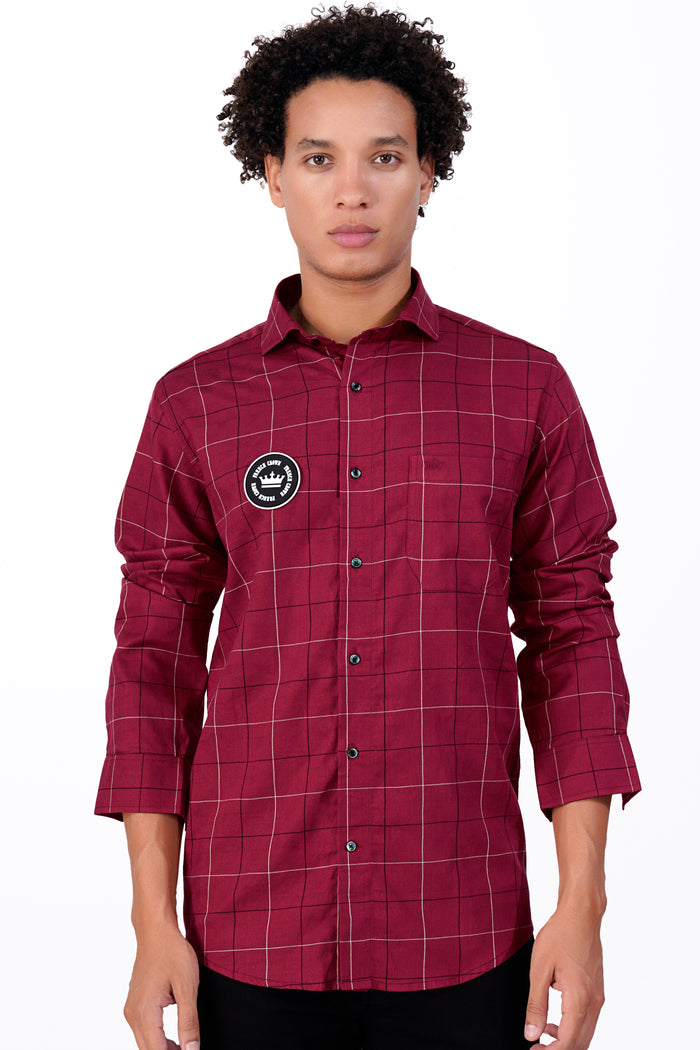 CLARET RED CHECKERED PATCHWORK TWILL PREMIUM COTTON DESIGNER SHIRT