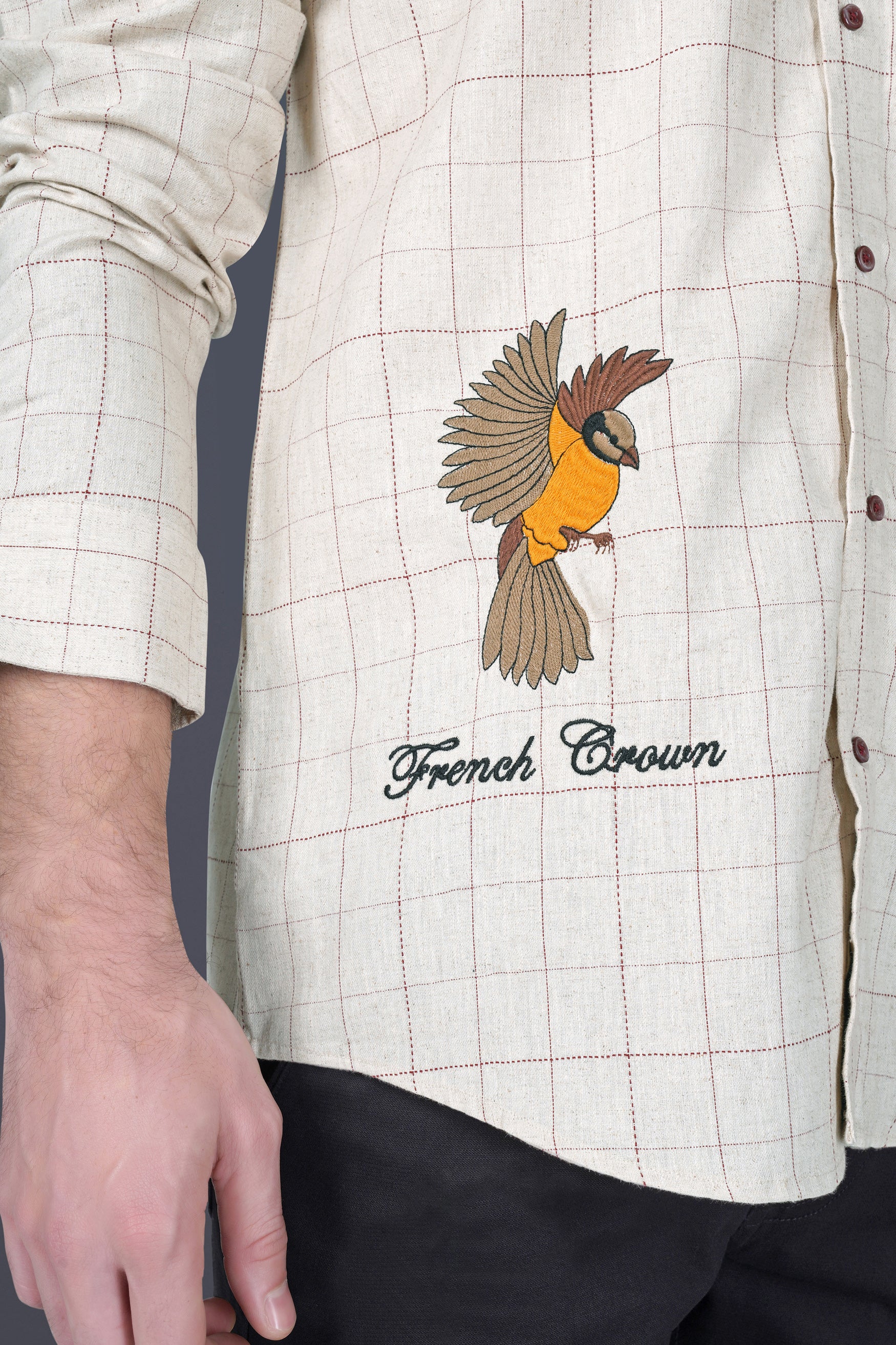 Bonjour Cream Windowpane and Sparrow Embroidered Luxurious Linen Designer Shirt