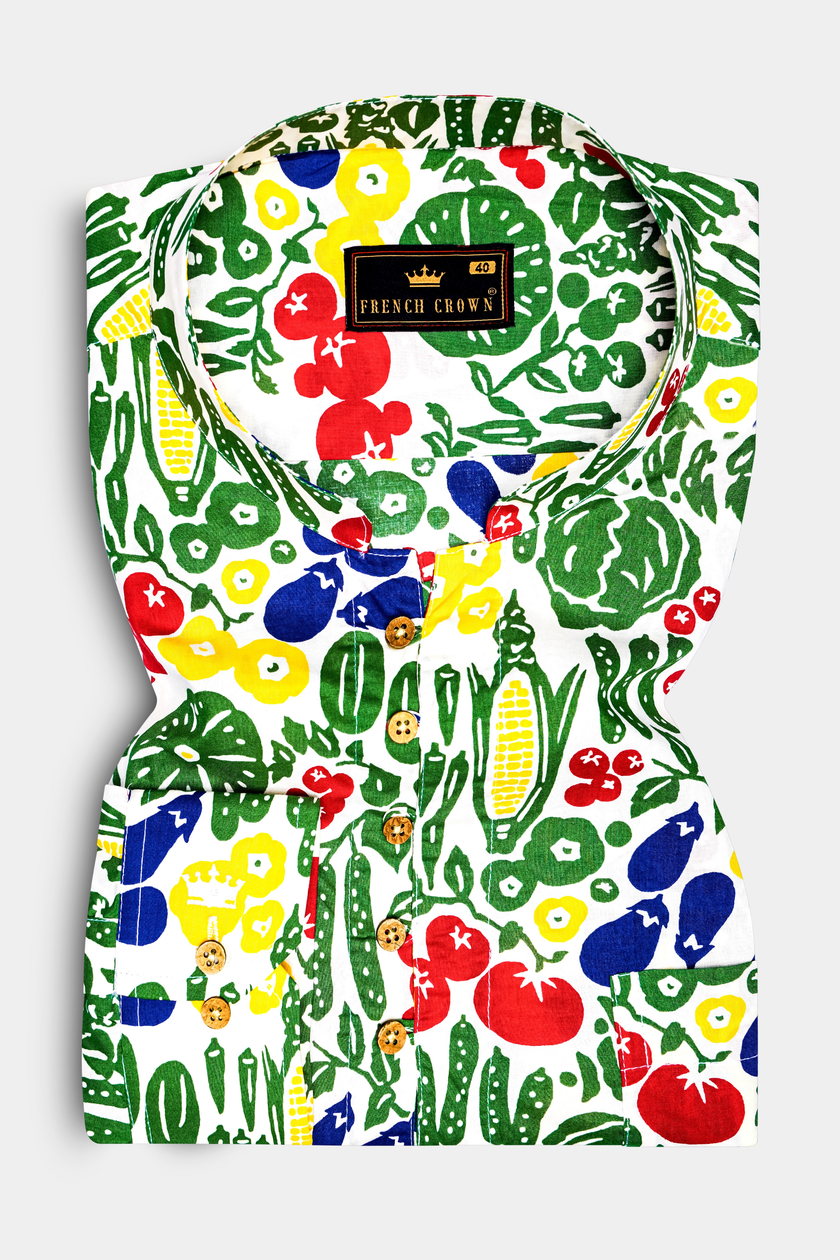 Bright White Vegetables Printed Premium Cotton Kurta Shirt