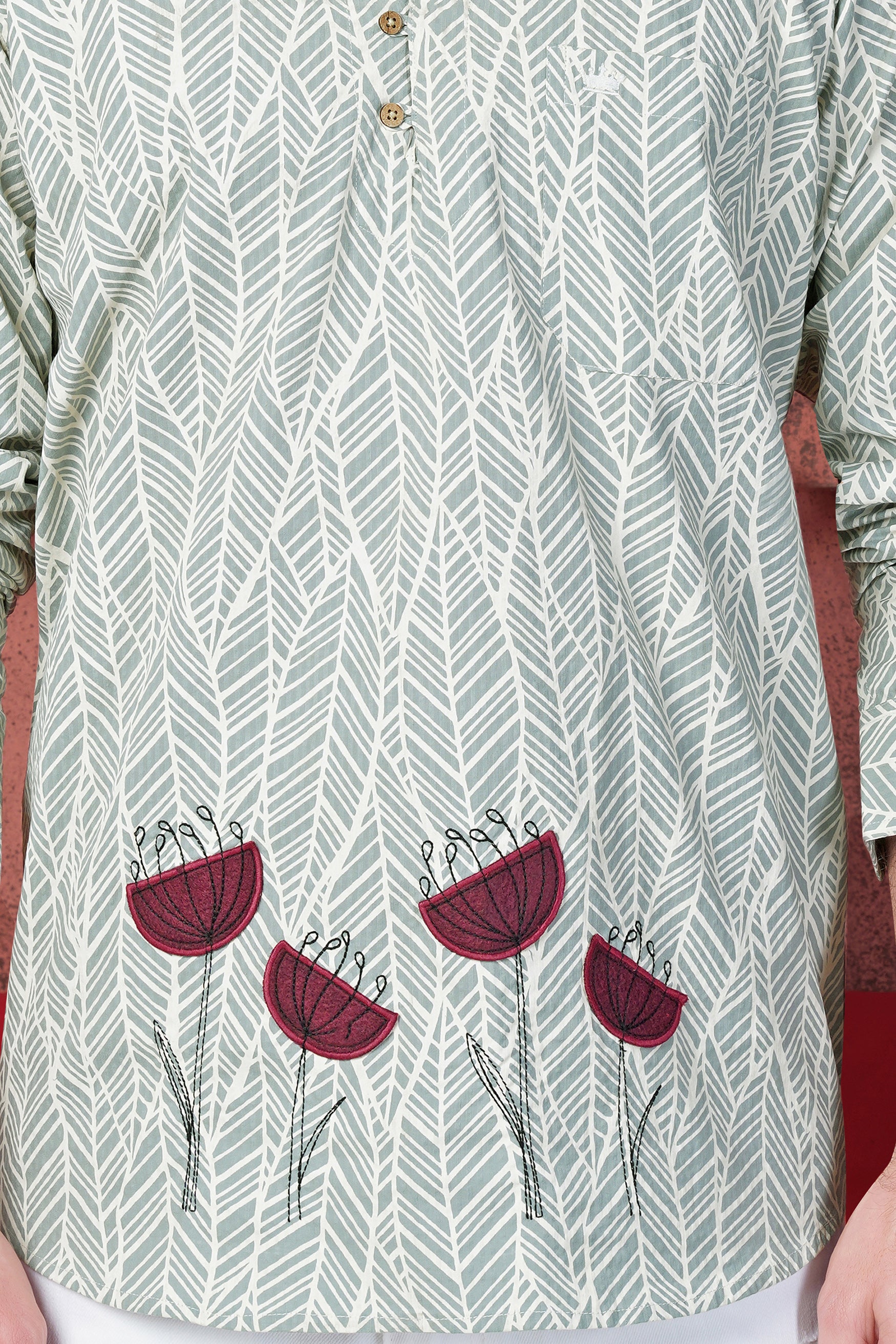 Chalice Gray Printed with Floral Embroidered Premium Cotton Designer Kurta Shirt