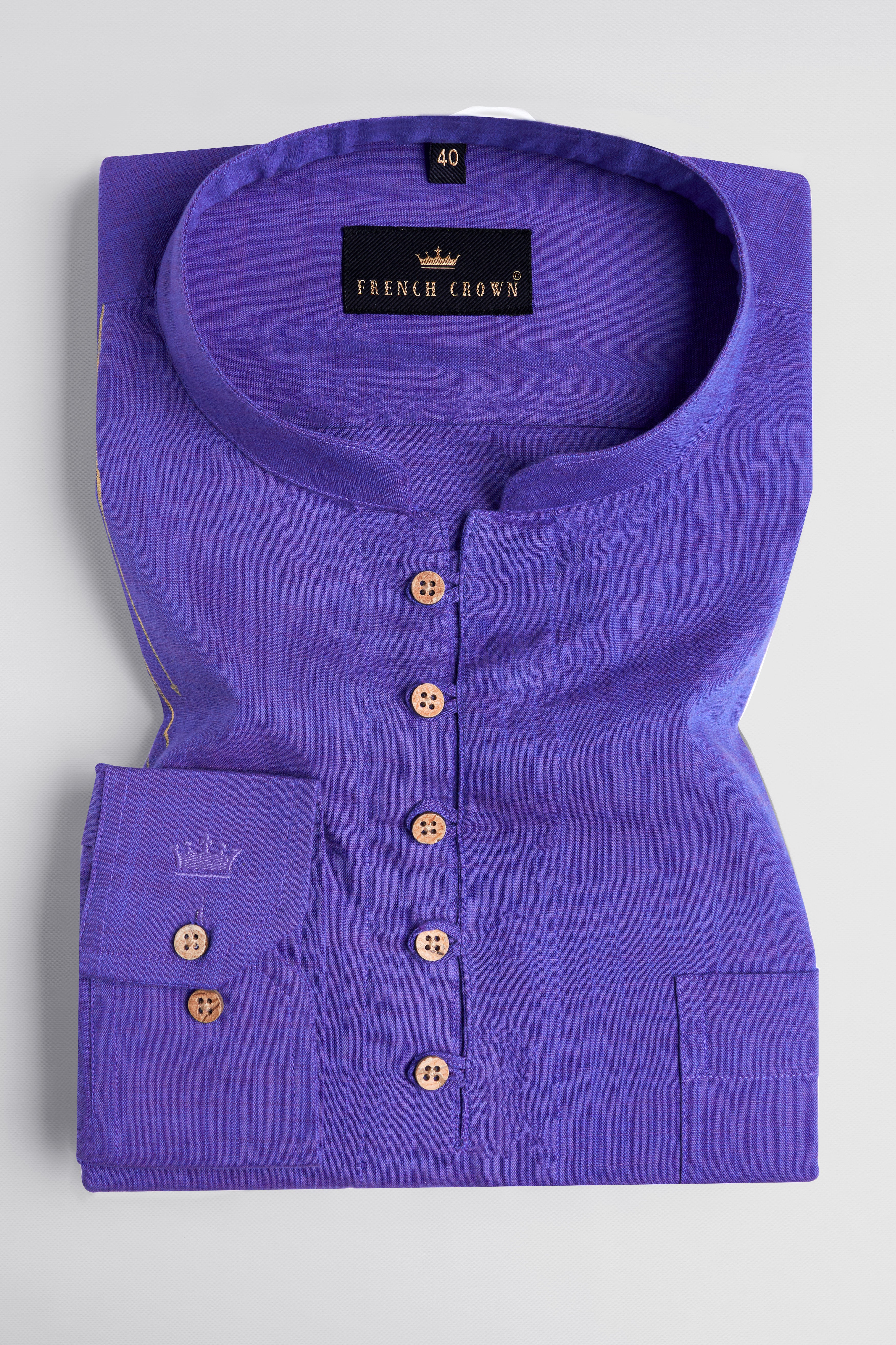 Daisly Blue Bush Hand Painted Luxurious Linen Kurta Designer Shirt