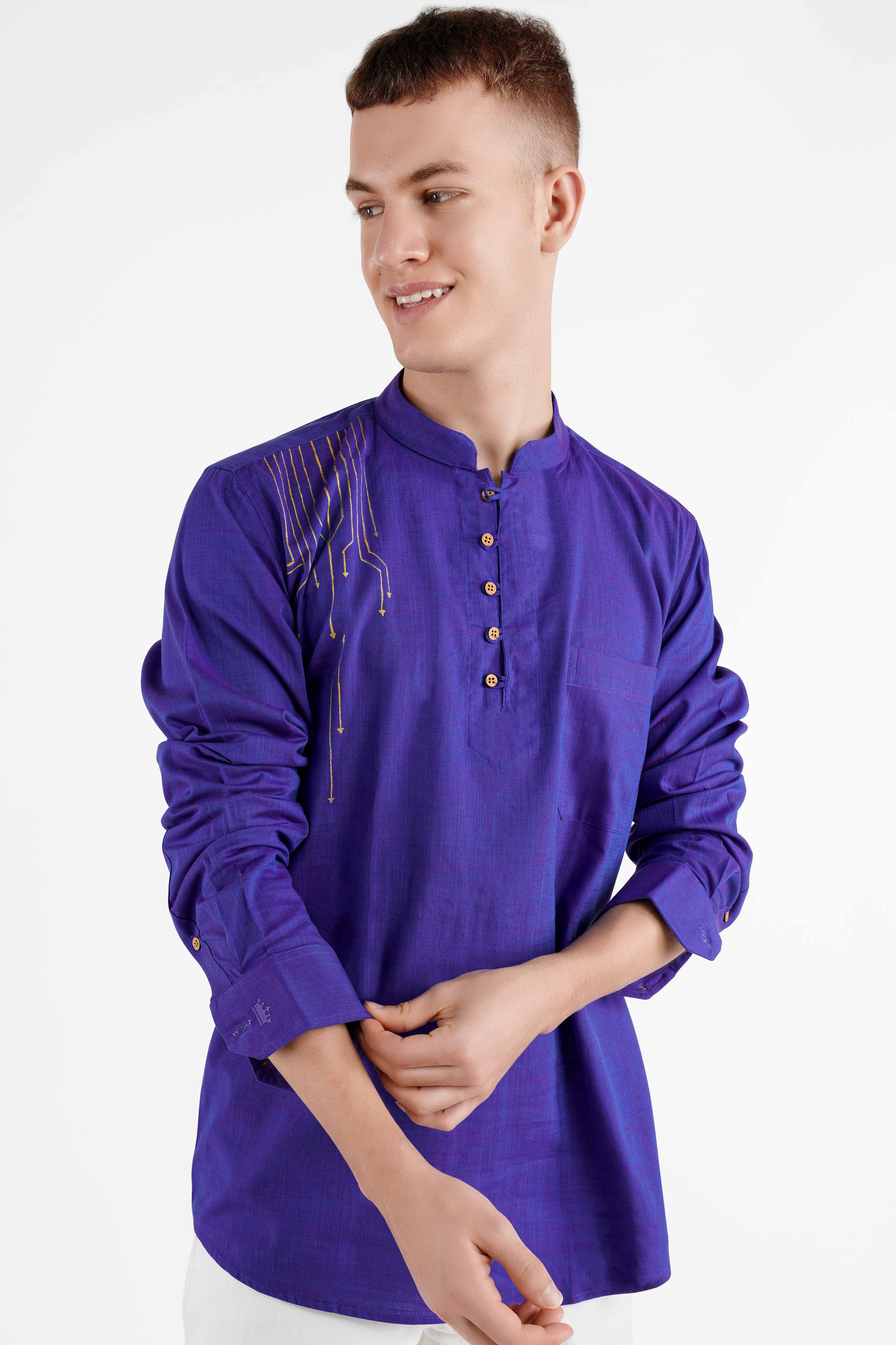 Daisly Blue Bush Hand Painted Luxurious Linen Kurta Designer Shirt