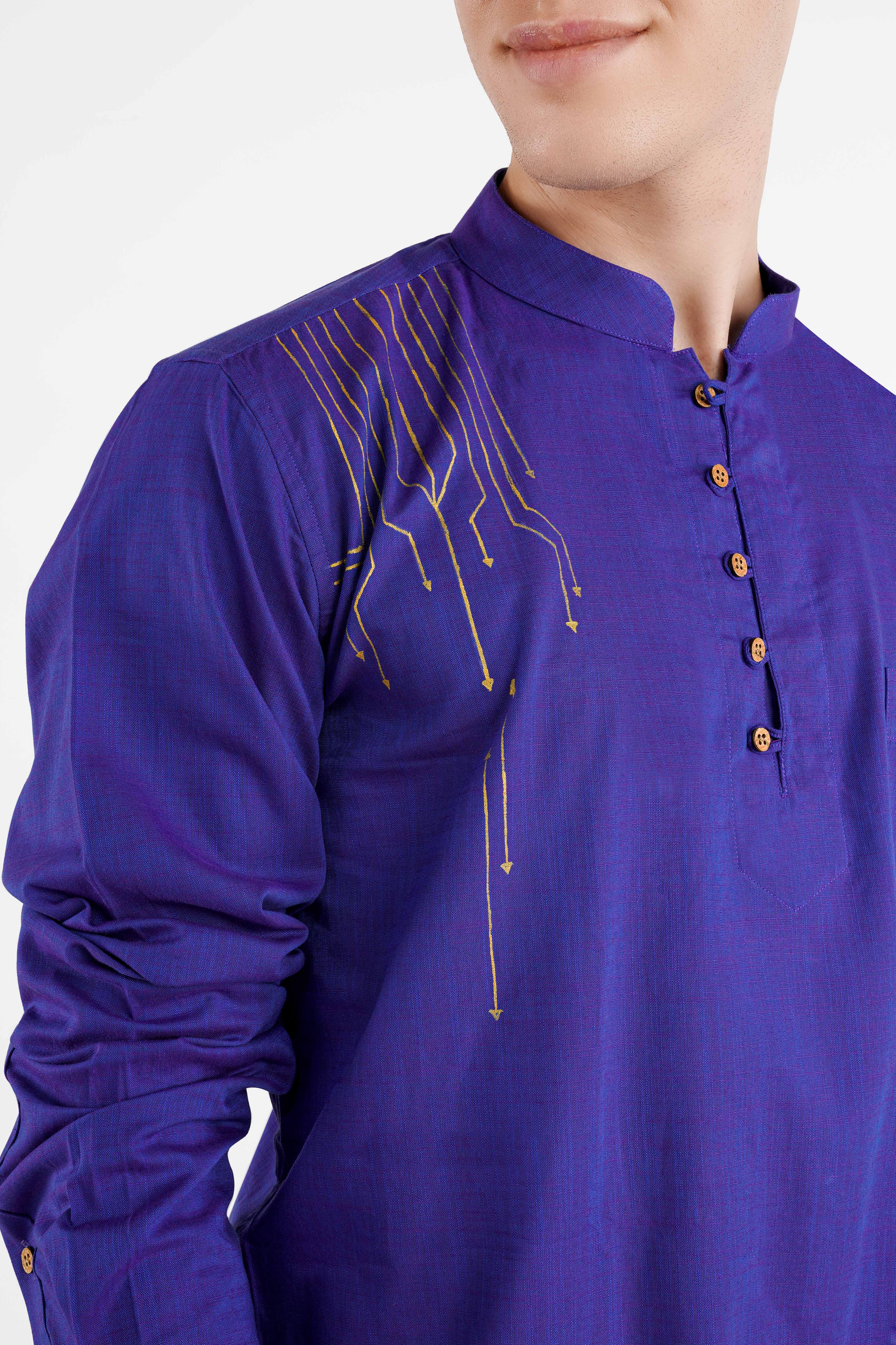 Daisly Blue Bush Hand Painted Luxurious Linen Kurta Designer Shirt