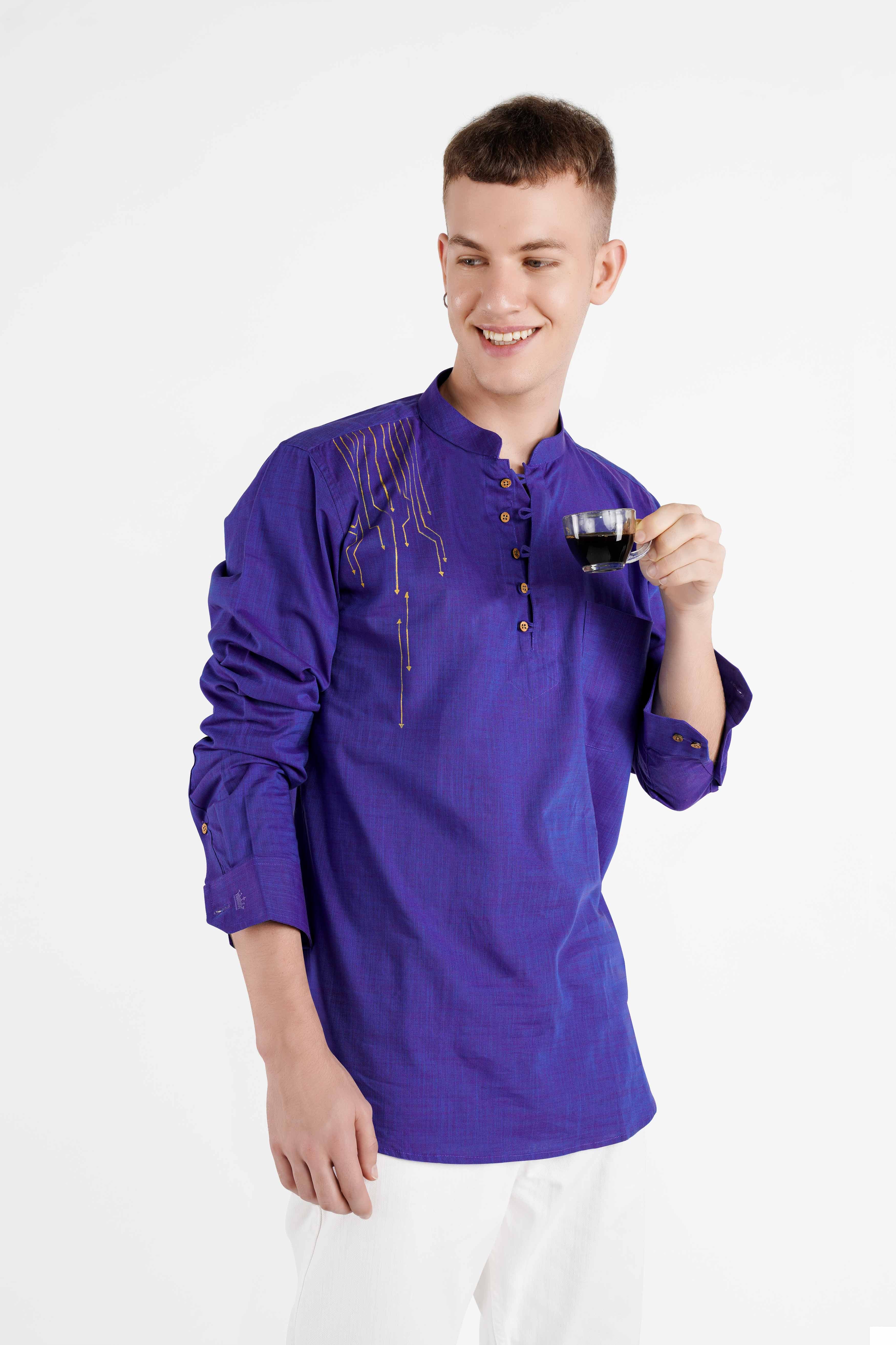 Daisly Blue Bush Hand Painted Luxurious Linen Kurta Designer Shirt