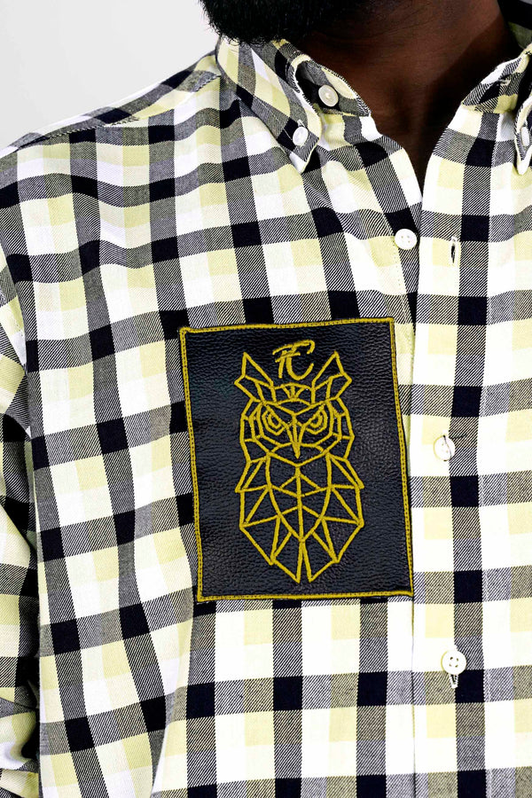 Caper Green with Black Checkered and Funky Patch work Twill Premium Cotton Designer Shirt