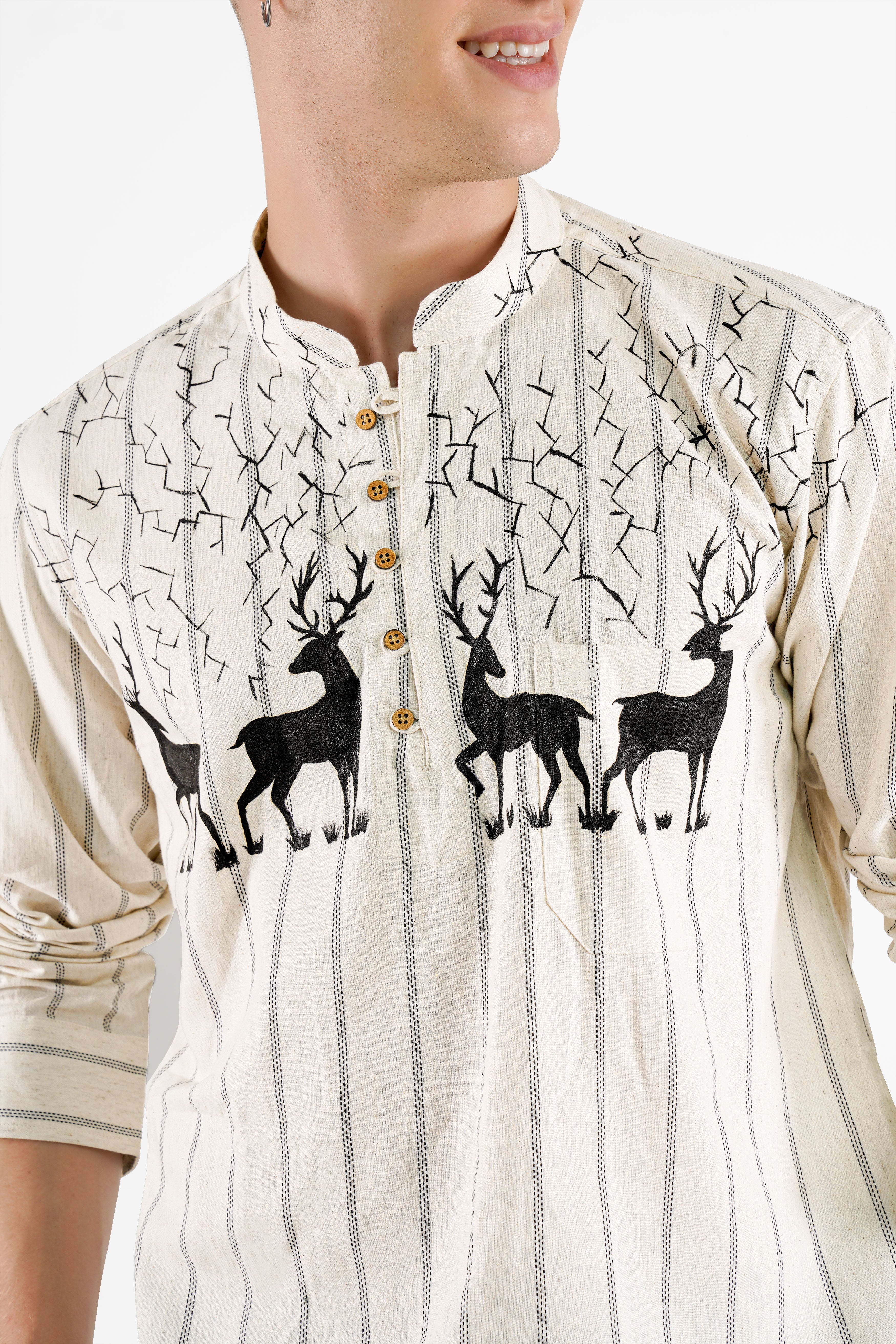 Almond Brown with Black Striped With Deer Hand Painted Luxurious Linen Designer Kurta Shirt