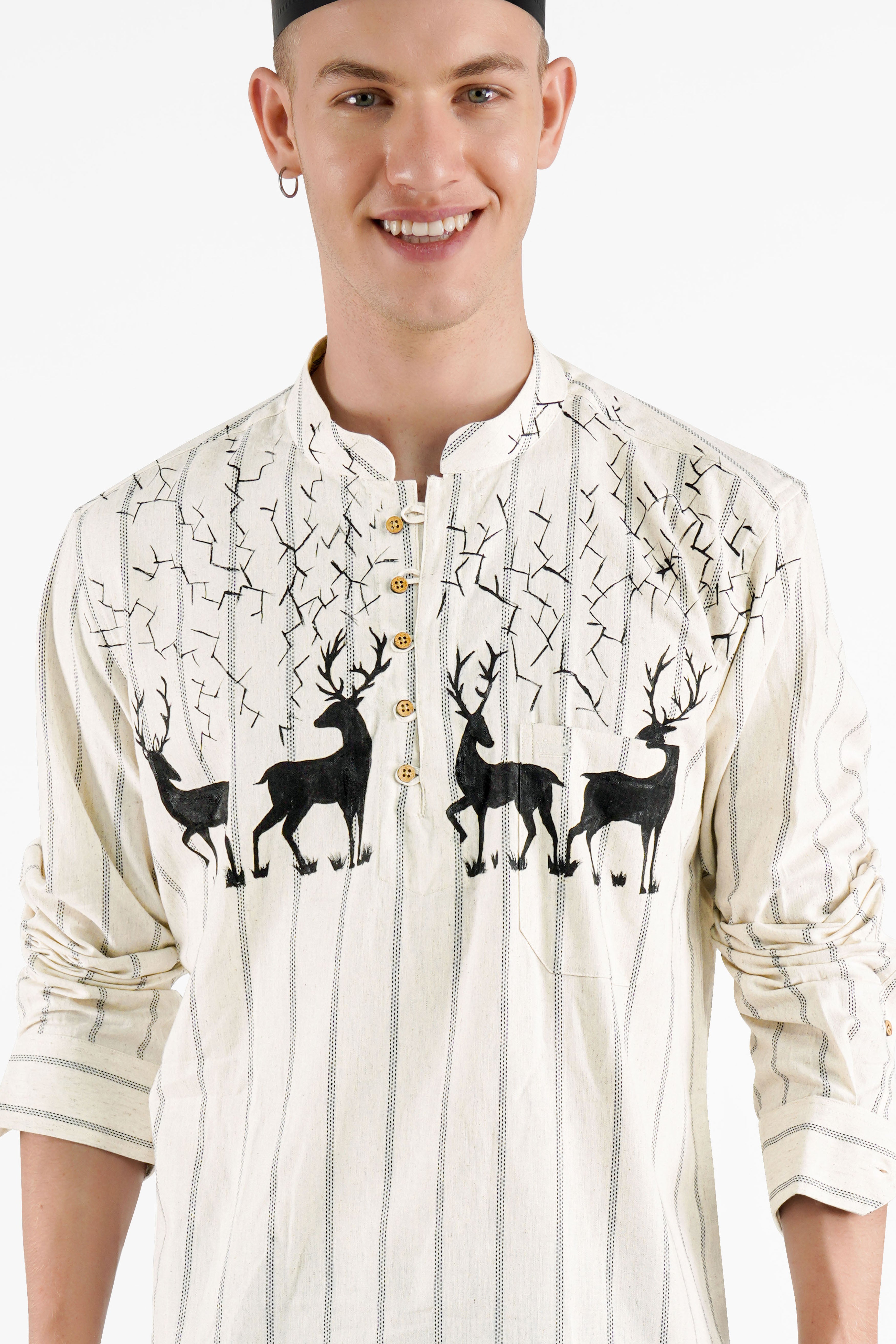 Almond Brown with Black Striped With Deer Hand Painted Luxurious Linen Designer Kurta Shirt