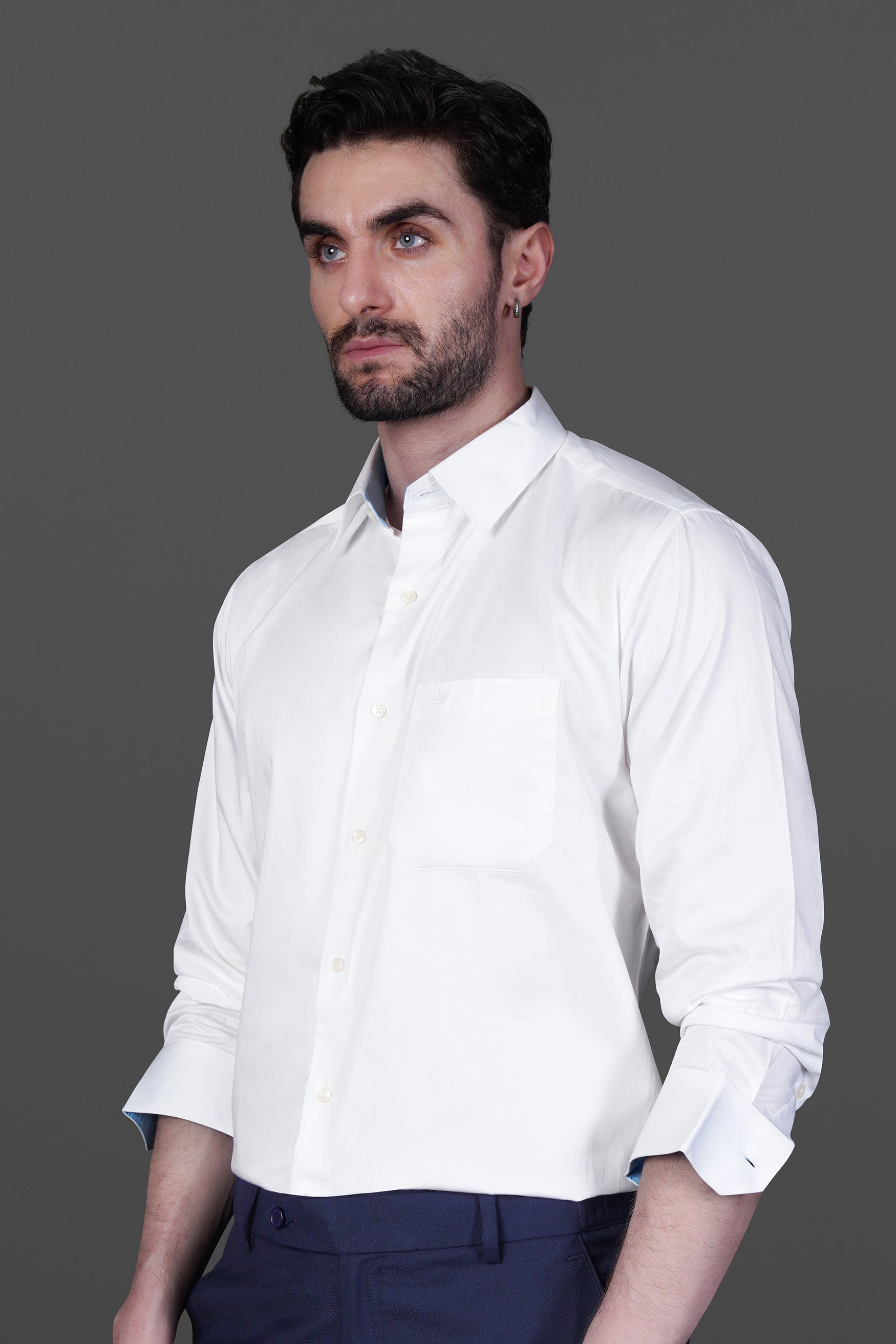 Bright White with Blue Subtle Sheen Elbow Patch Premium Cotton Shirt