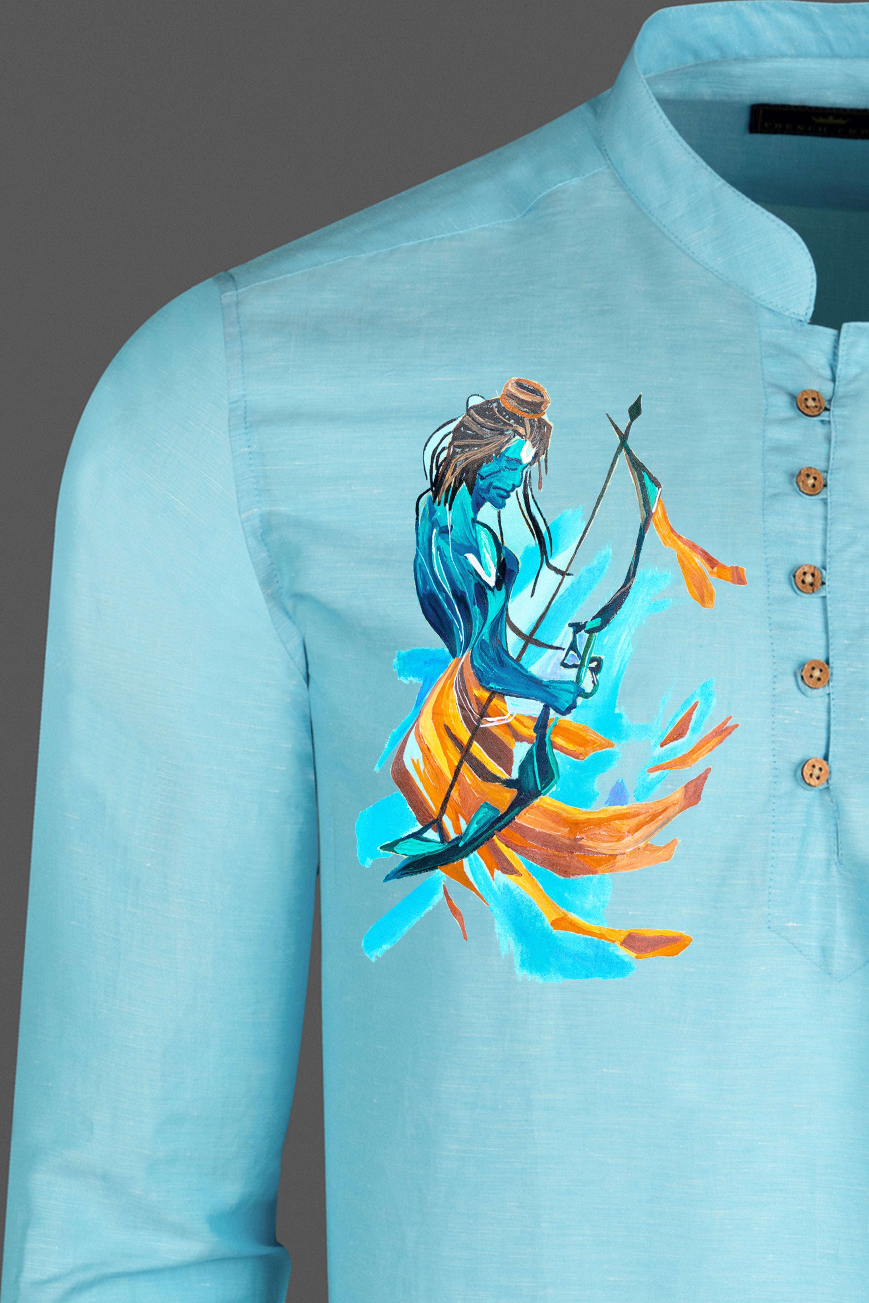 Cerulean Blue Lord Ram Hand Painted Effect Luxurious Linen Designer Kurta Shirt