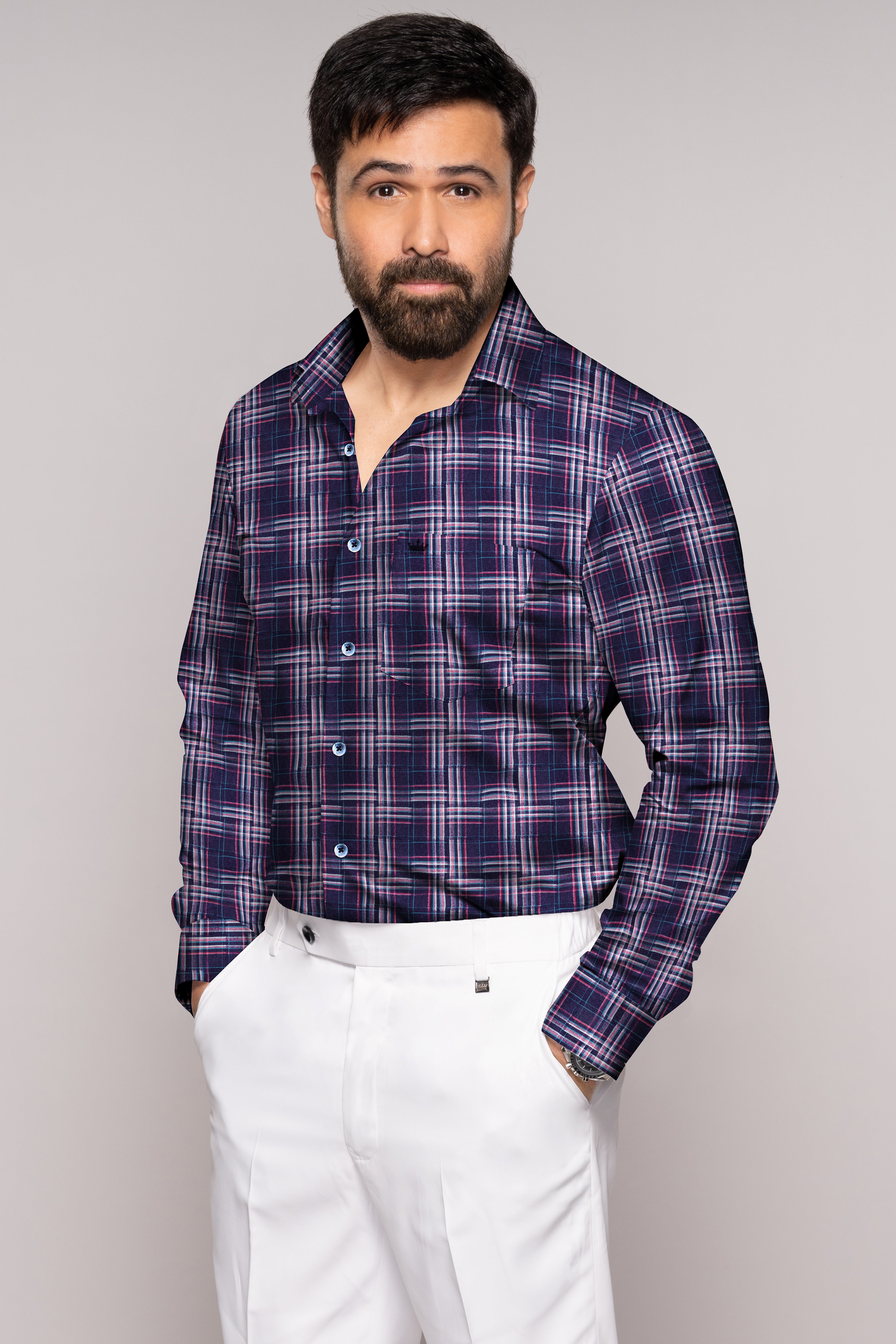 Pacific Blue and Lipstick Red Plaid Twill Textured Premium Cotton Shirt