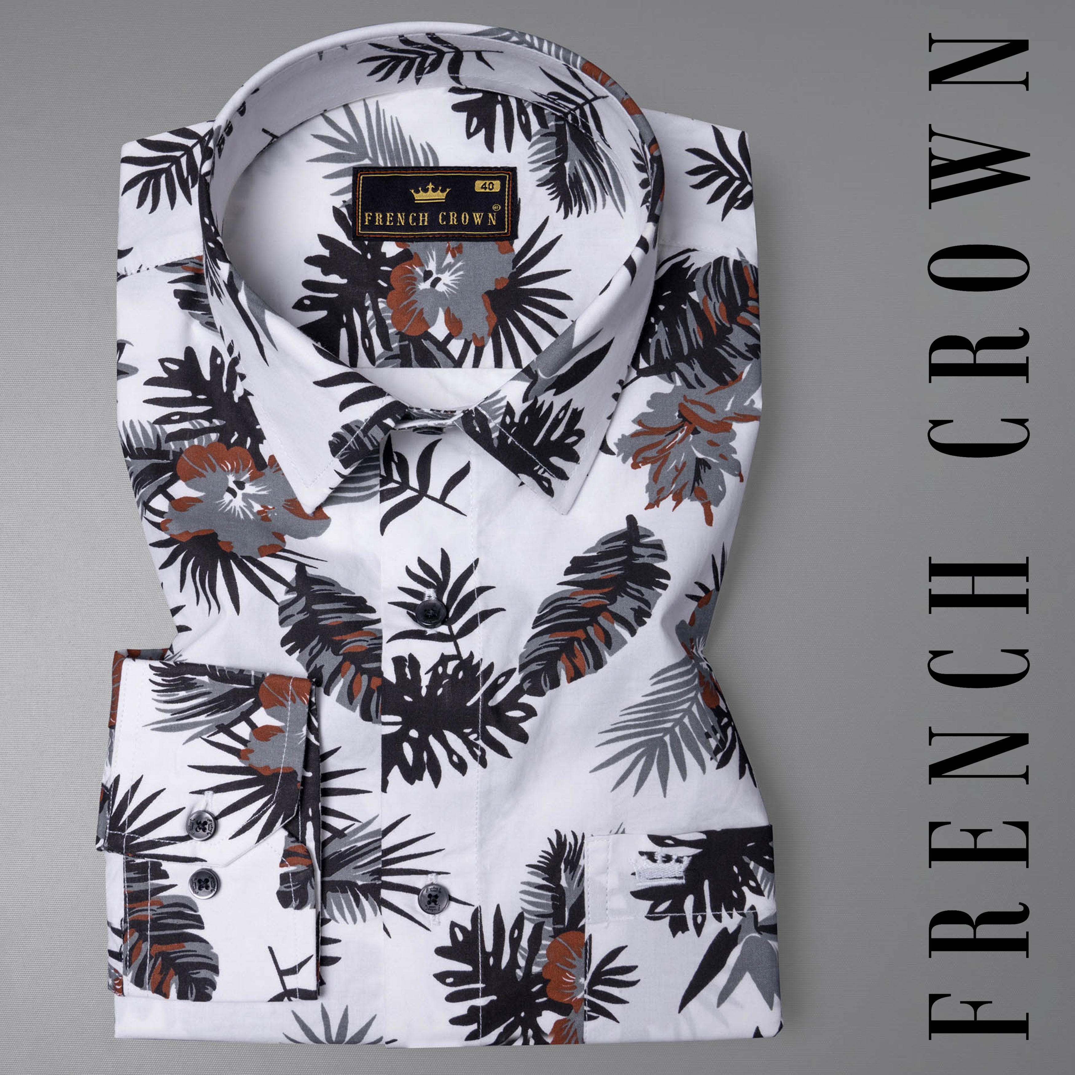 Bright White Tropical Printed Twill Textured Premium Cotton Shirt