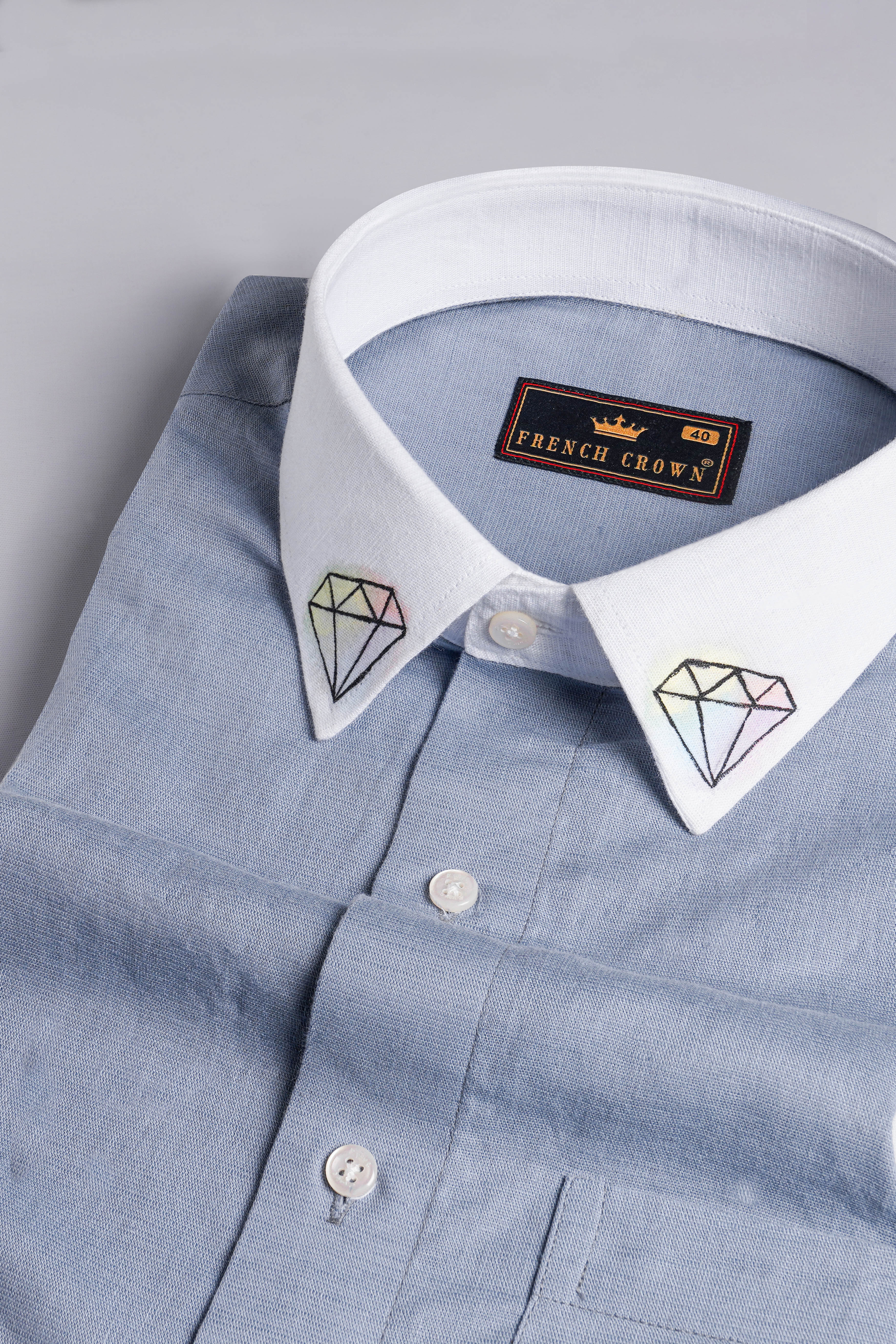 Yonder Blue with White Collar and Cuffs Hand Painted Luxurious Linen Designer Shirt