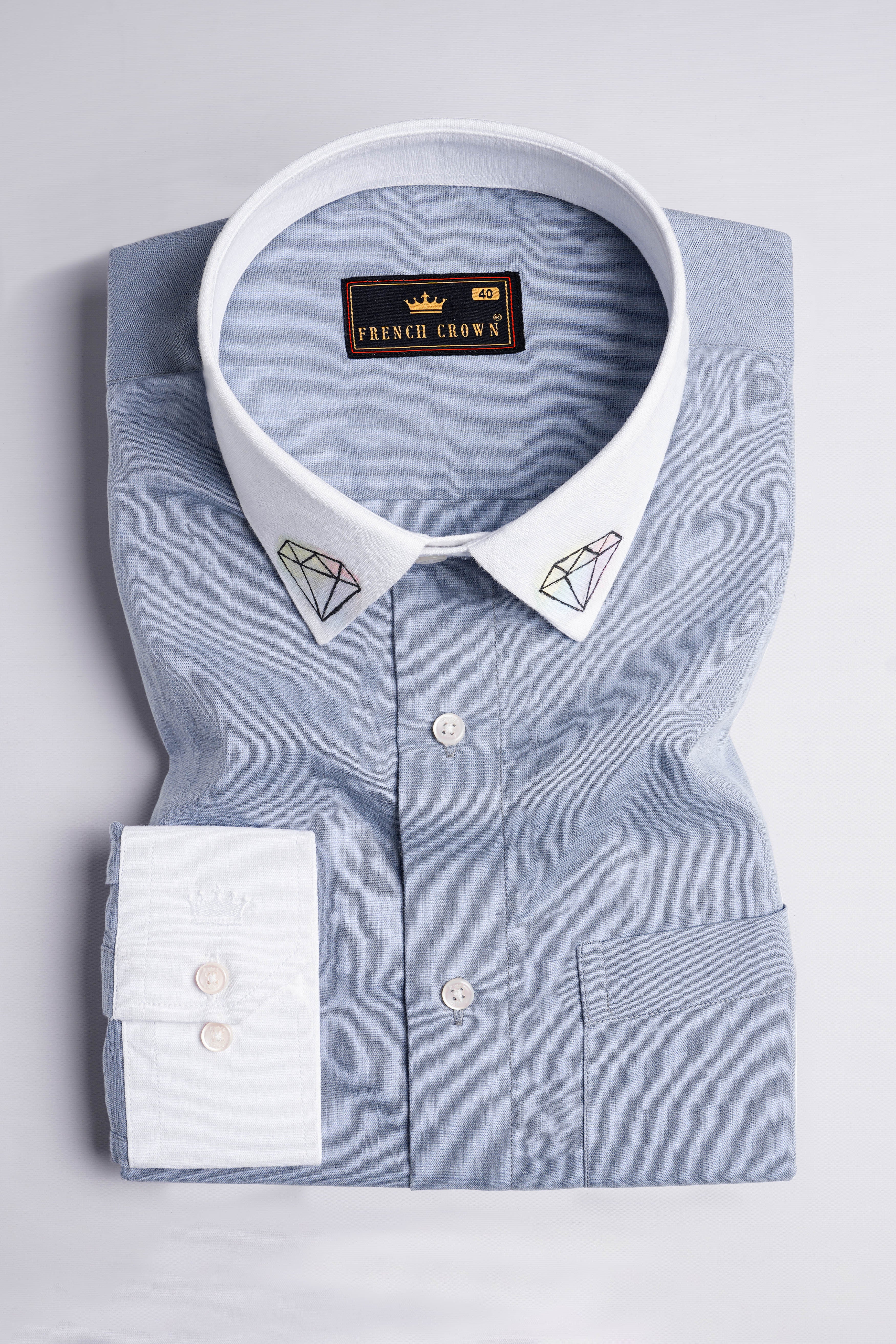 Yonder Blue with White Collar and Cuffs Hand Painted Luxurious Linen Designer Shirt