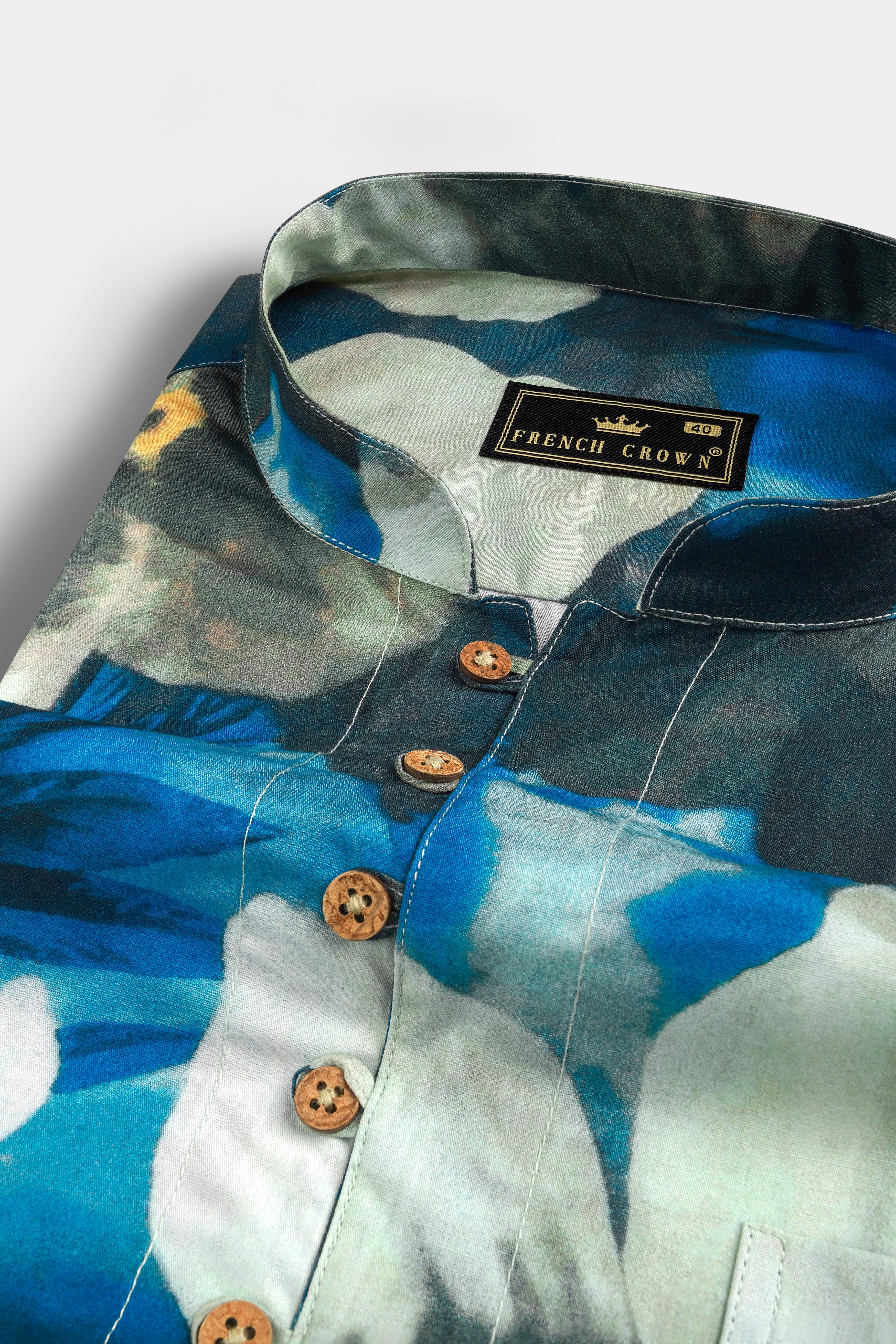 Mackerel Blue Floral Printed Premium Cotton Kurta Shirt