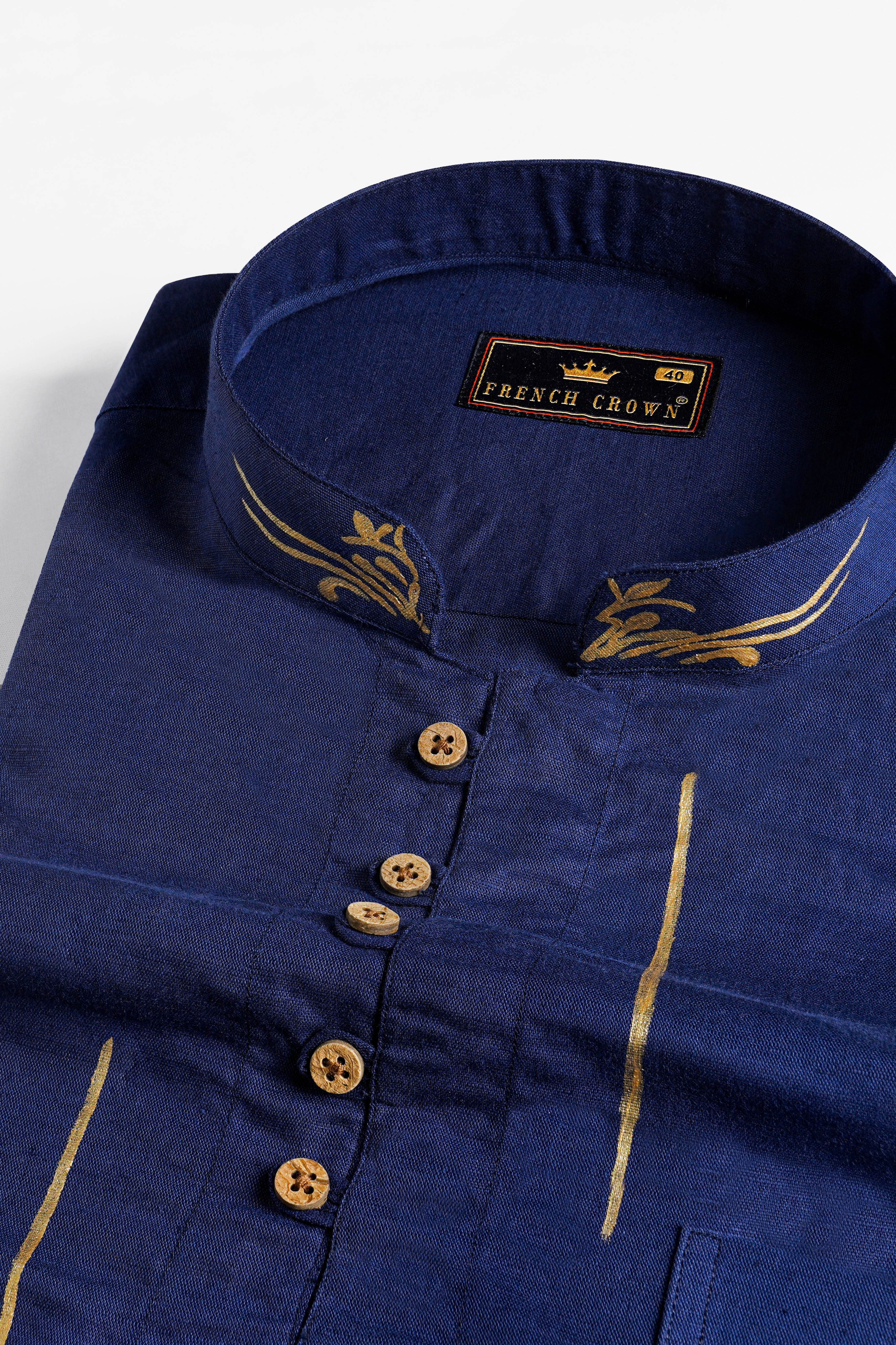 Rhino Blue Hand Painted Luxurious Linen Designer Kurta Shirt