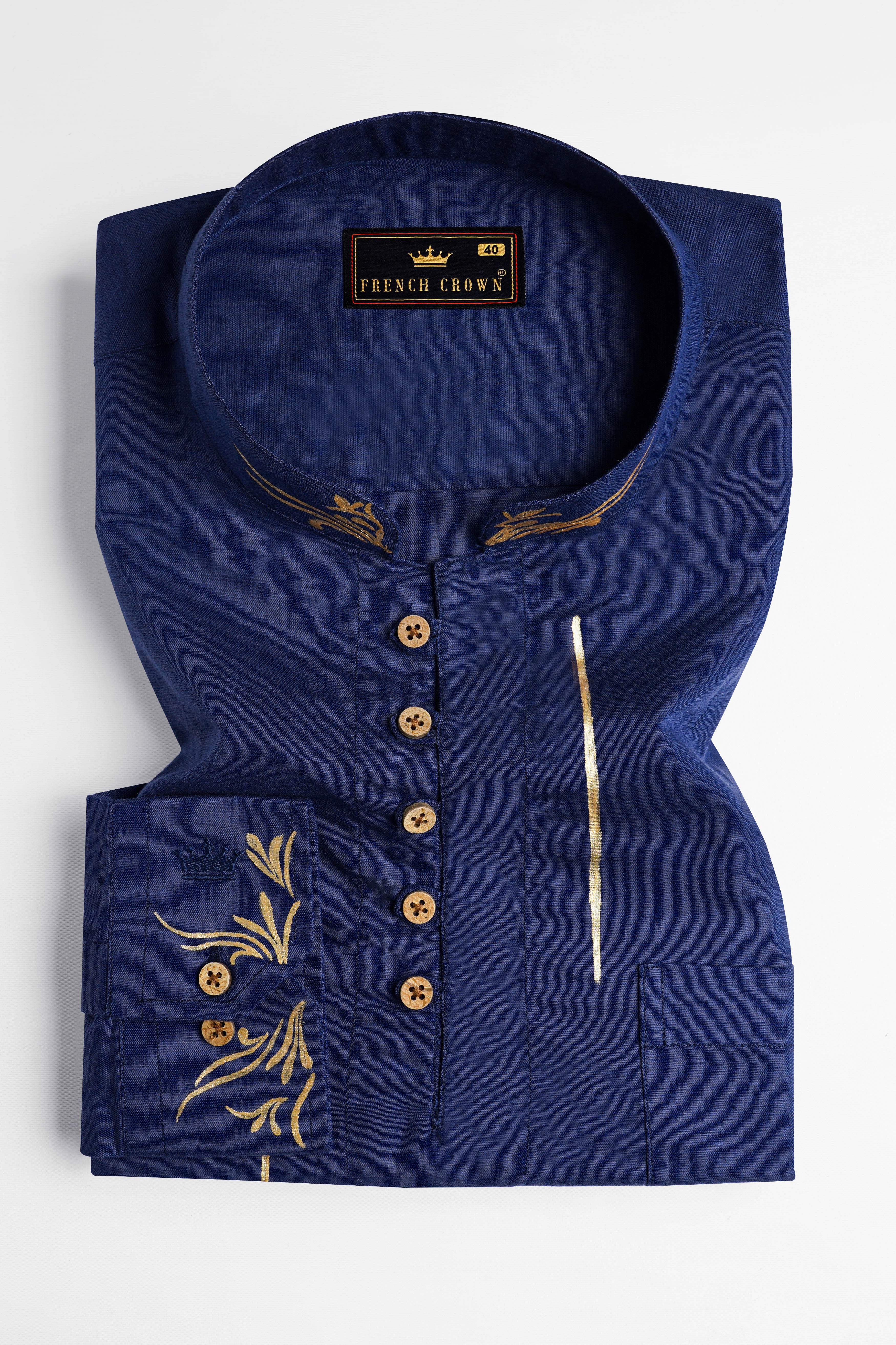 Rhino Blue Hand Painted Luxurious Linen Designer Kurta Shirt