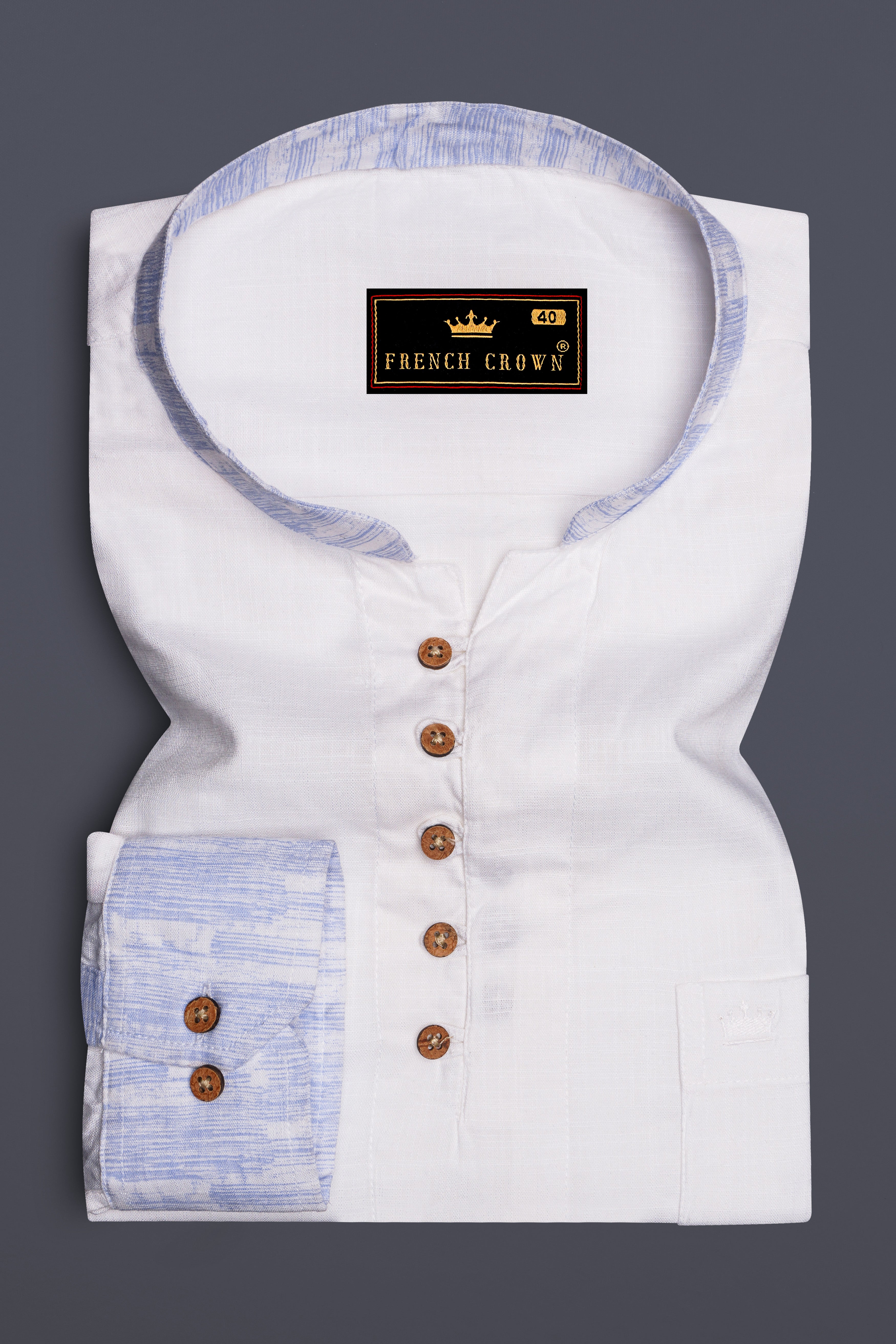 White with lilac cuff-collar Luxurious Linen Kurta Shirt
