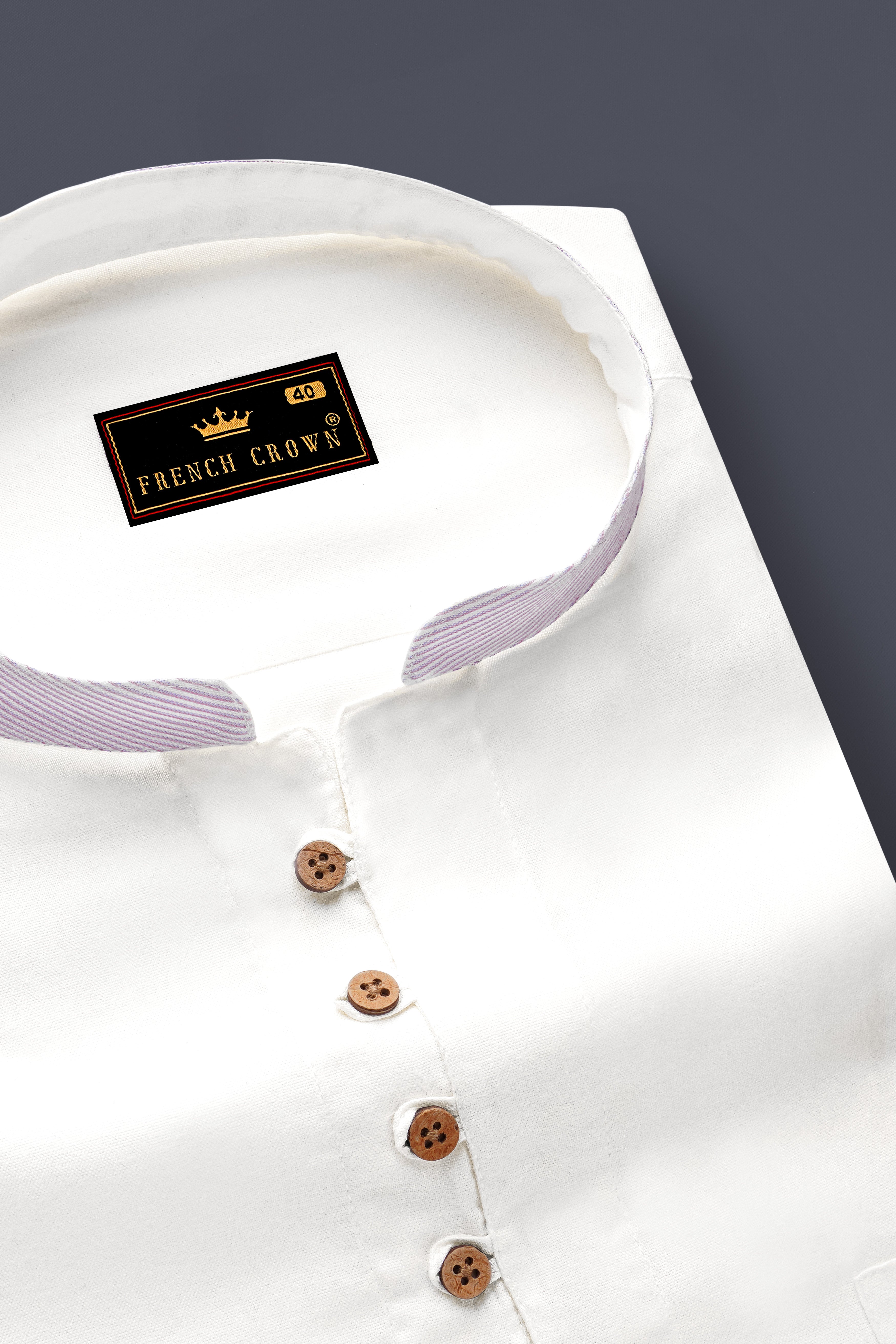 Bright White with lilac Cuff-Collar Royal Oxford Kurta Shirt