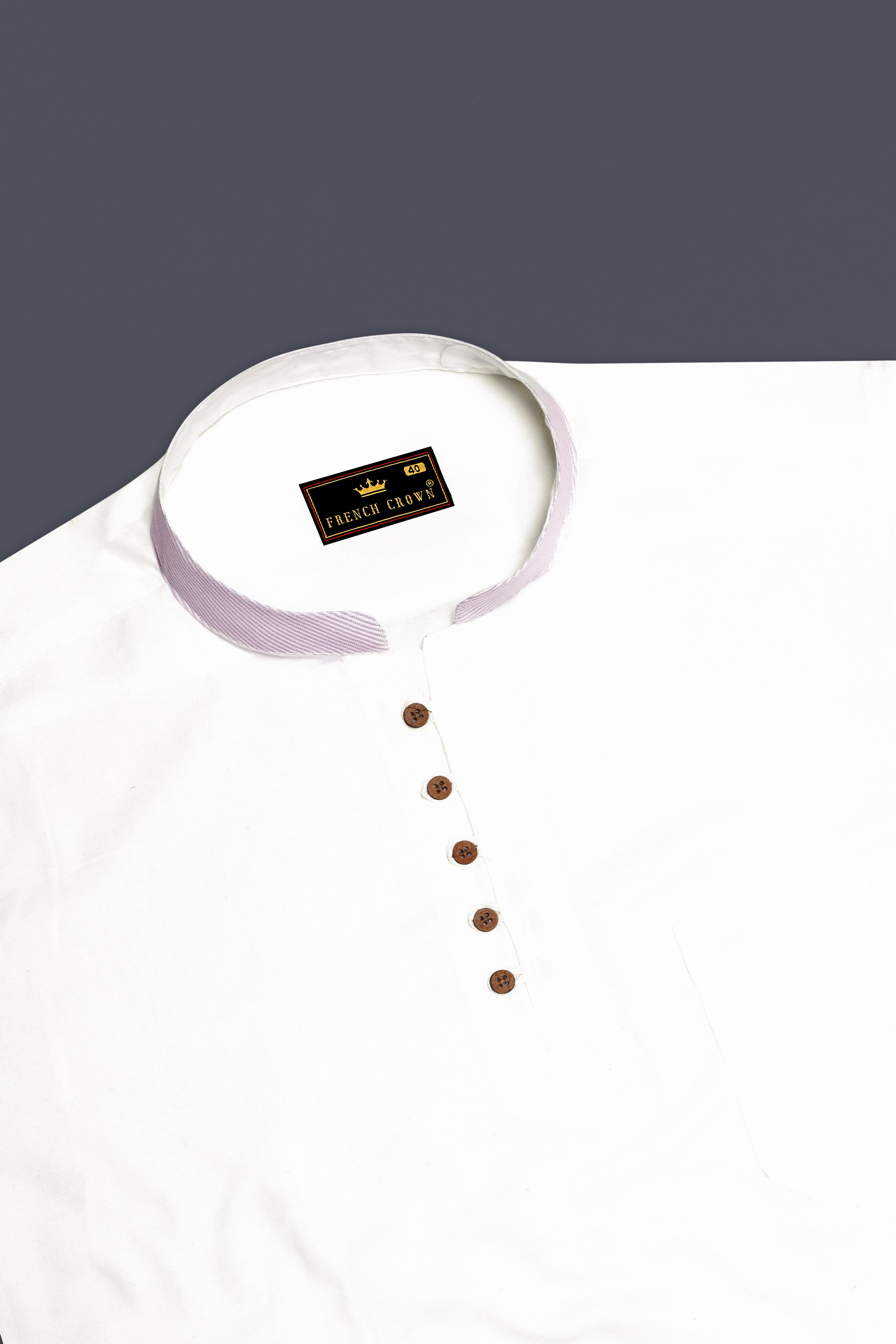 Bright White with lilac Cuff-Collar Royal Oxford Kurta Shirt