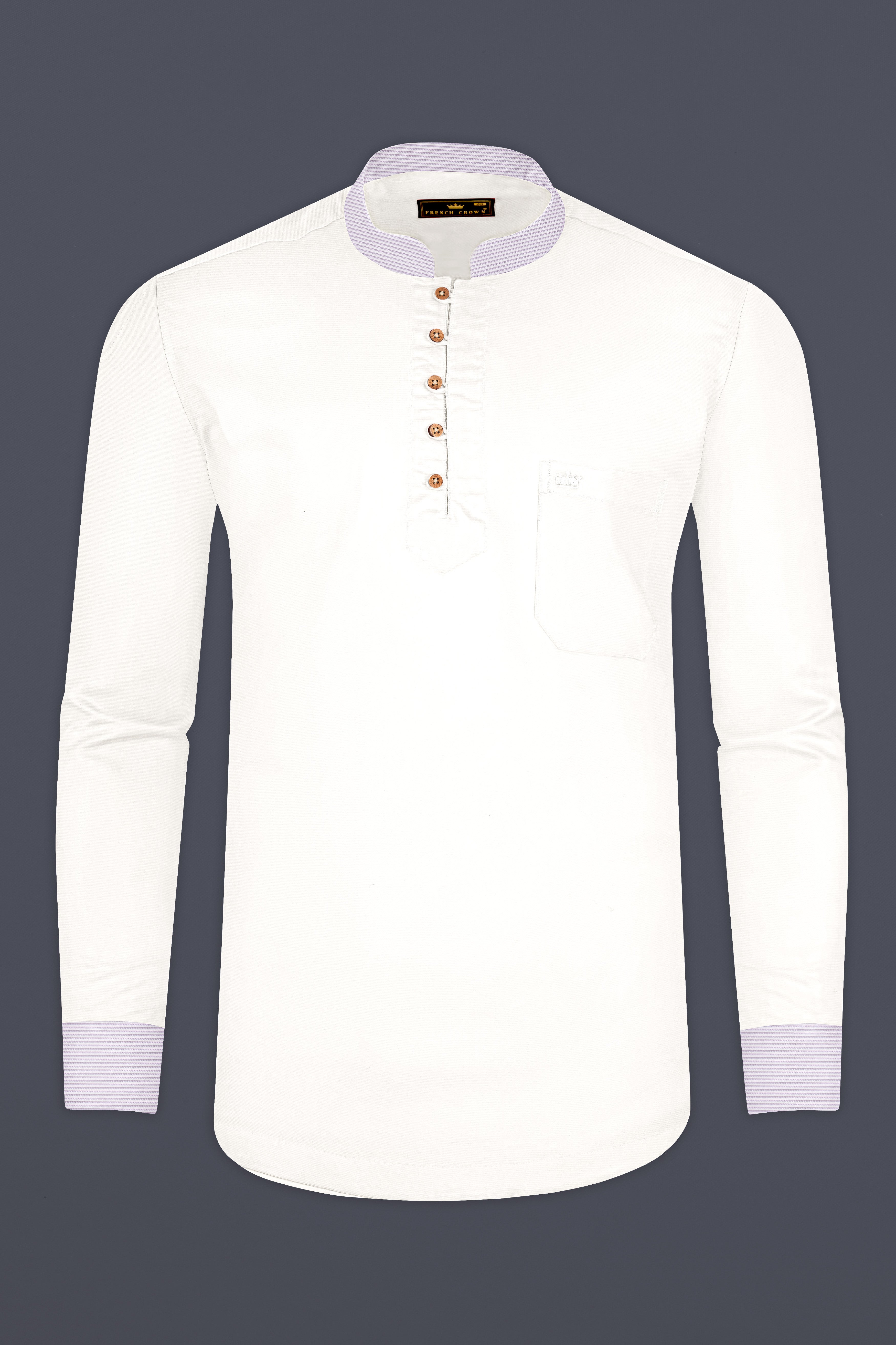 Bright White with lilac Cuff-Collar Royal Oxford Kurta Shirt