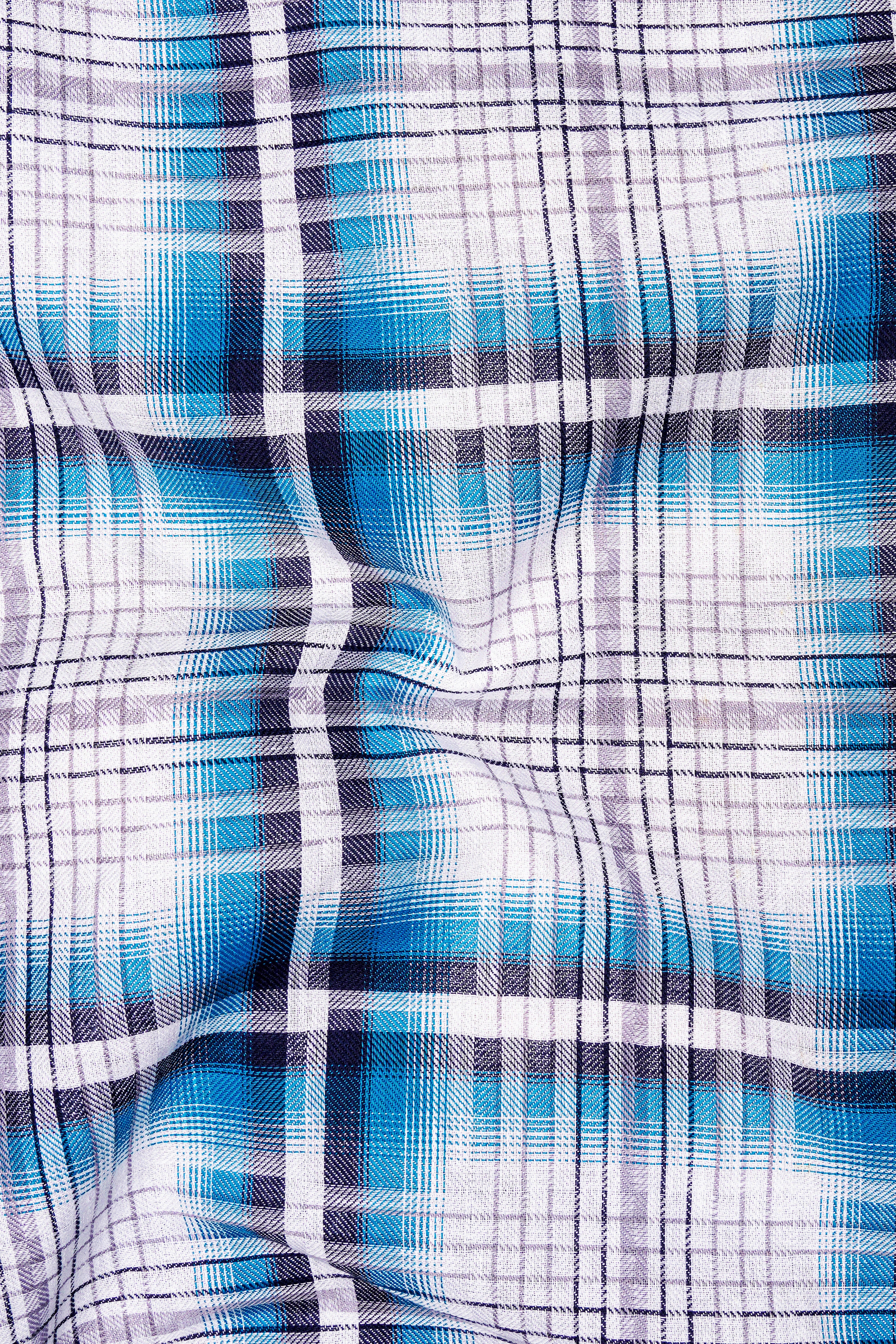 Bright White with Cerulean Twill Windowpane Premium Cotton Shirt