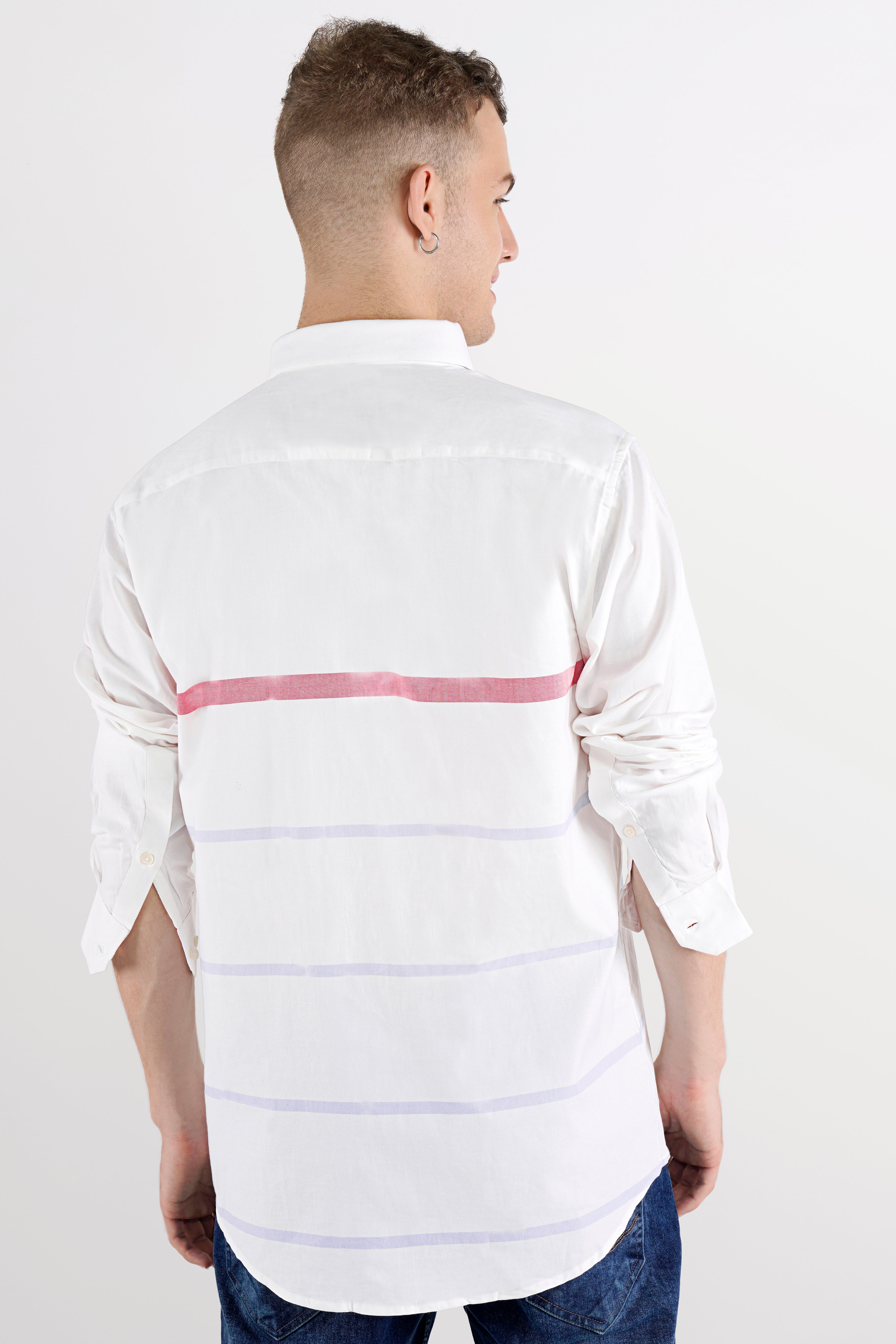 Bright White with Carnberry Pink and Heather Blue Striped Hand Painted Royal Oxford Designer Shirt