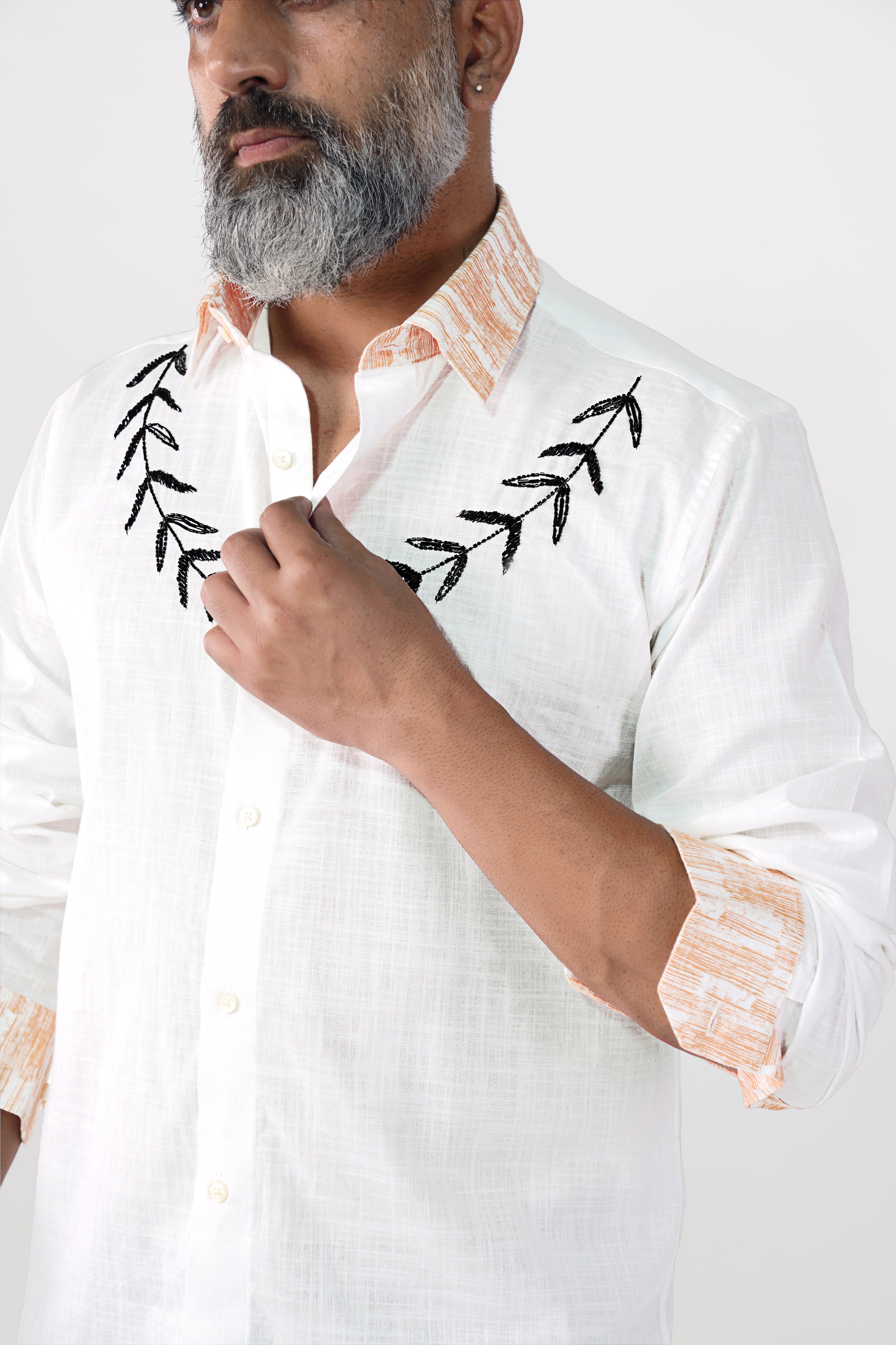 Bright White Handwork Embroidered Luxurious Linen Designer Shirt