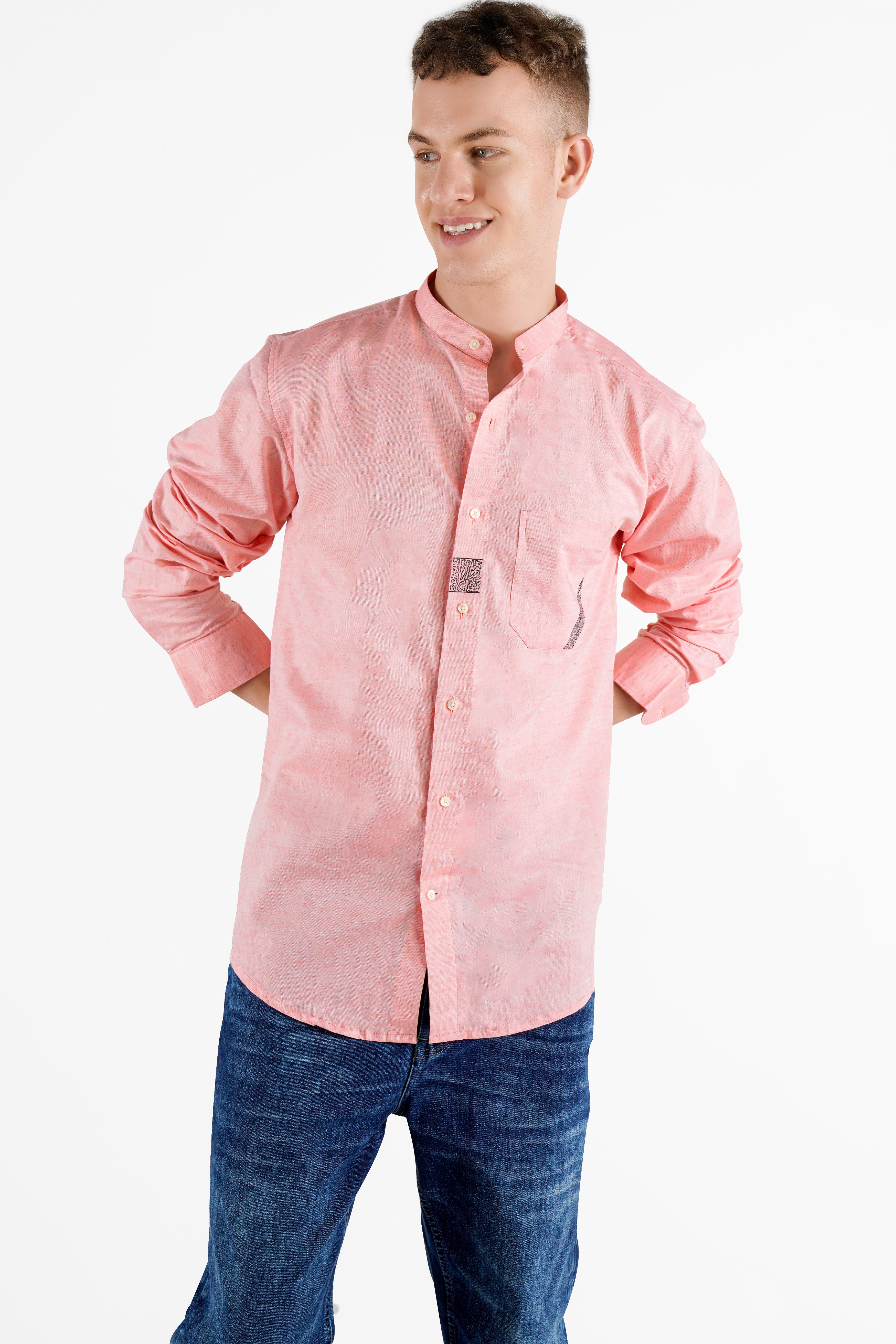 Kawaii Pink Hand Painted Luxurious Linen Designer Shirt