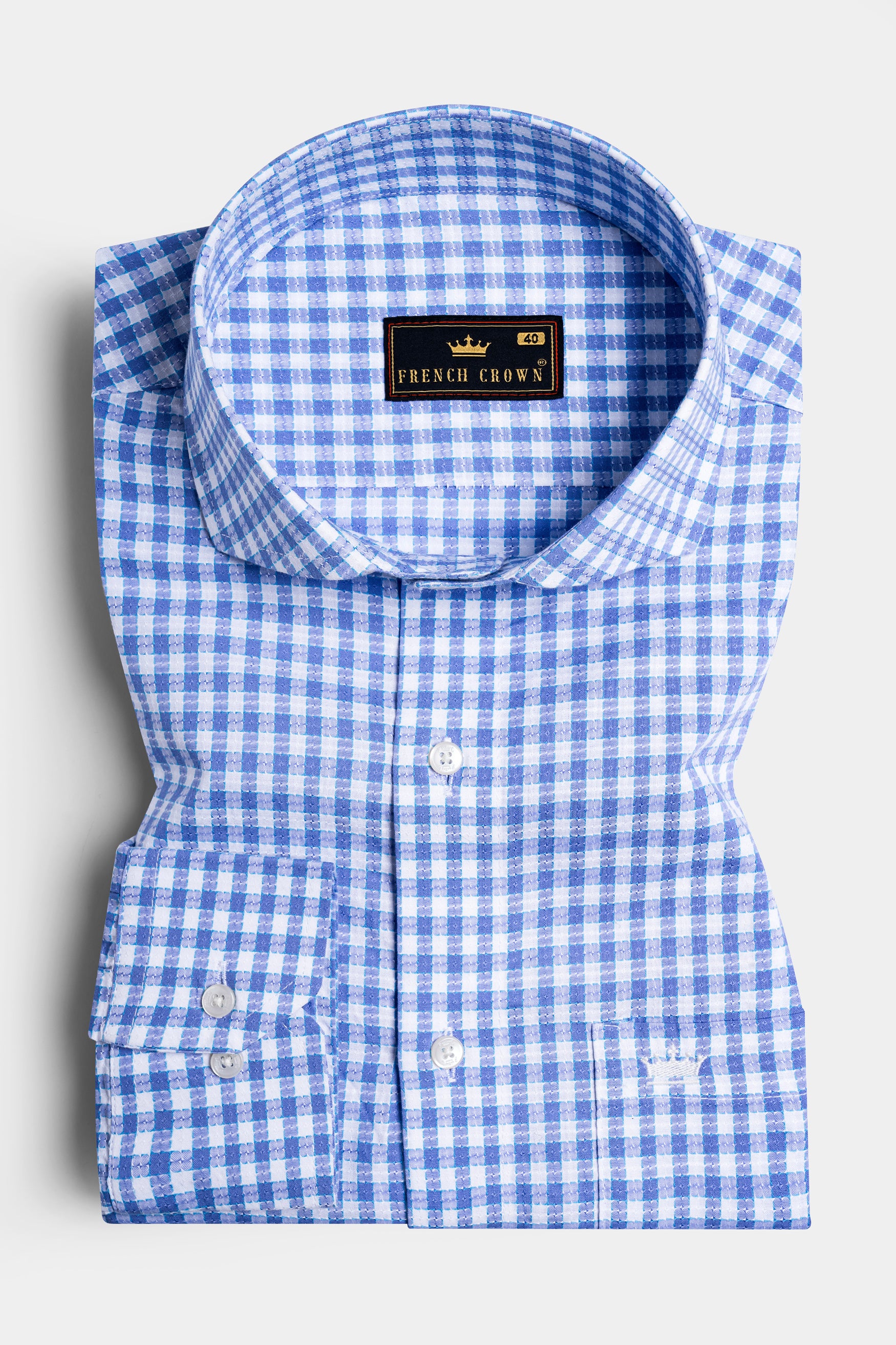 Tufts Blue and White Checkered with Bearded Man Patchwork Dobby Textured Premium Giza Cotton Designer Shirt