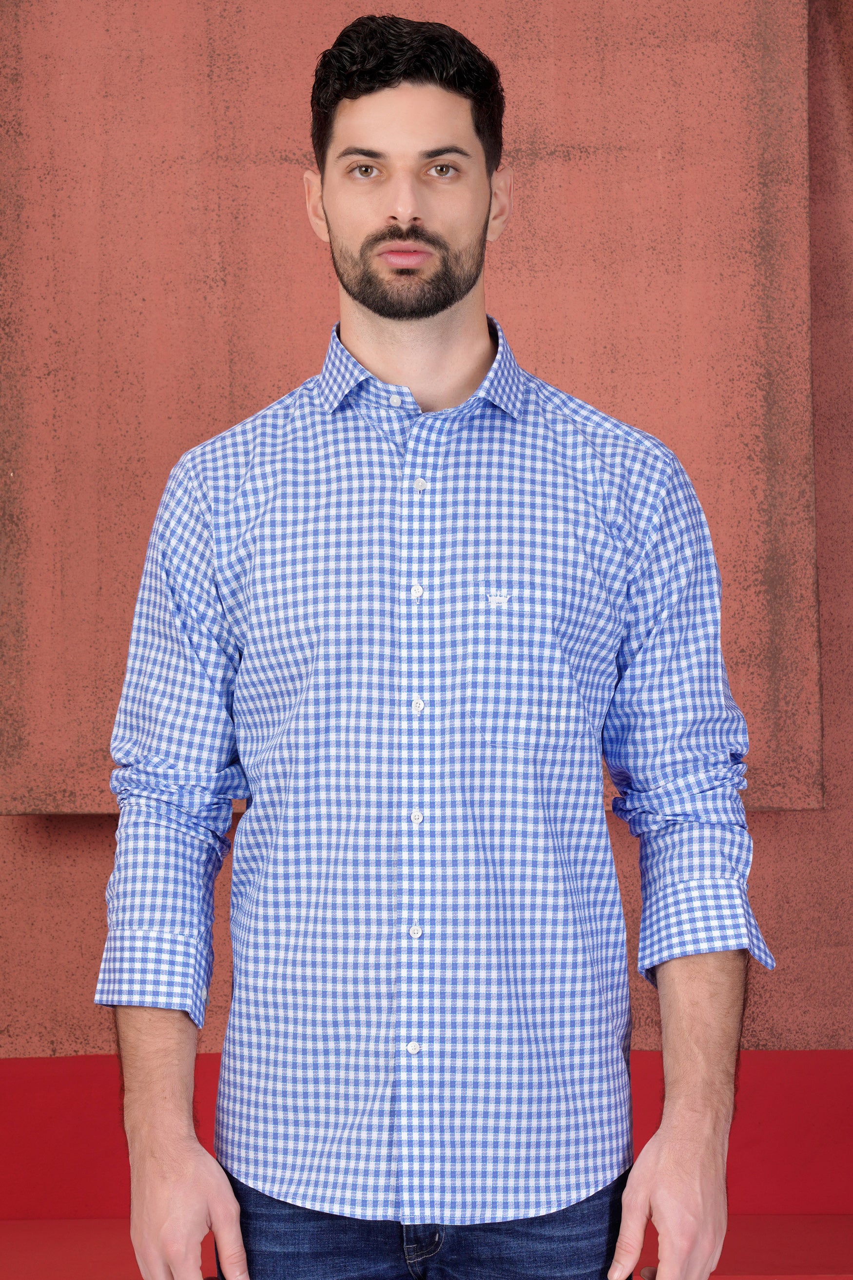 Tufts Blue and White Checkered with Bearded Man Patchwork Dobby Textured Premium Giza Cotton Designer Shirt