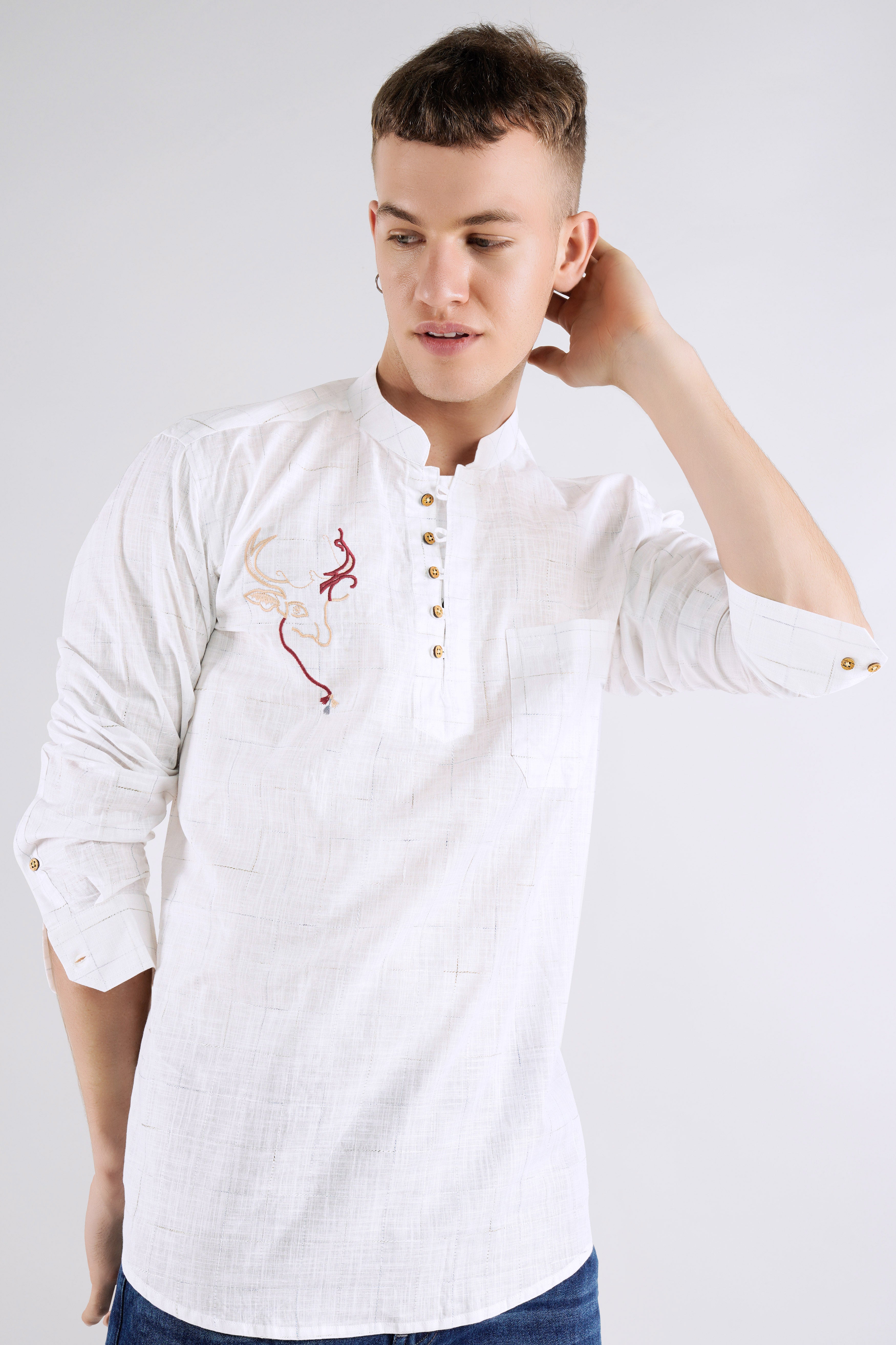 Bright White Checkered With Deer Embroidered Luxurious Linen Designer Kurta Shirt