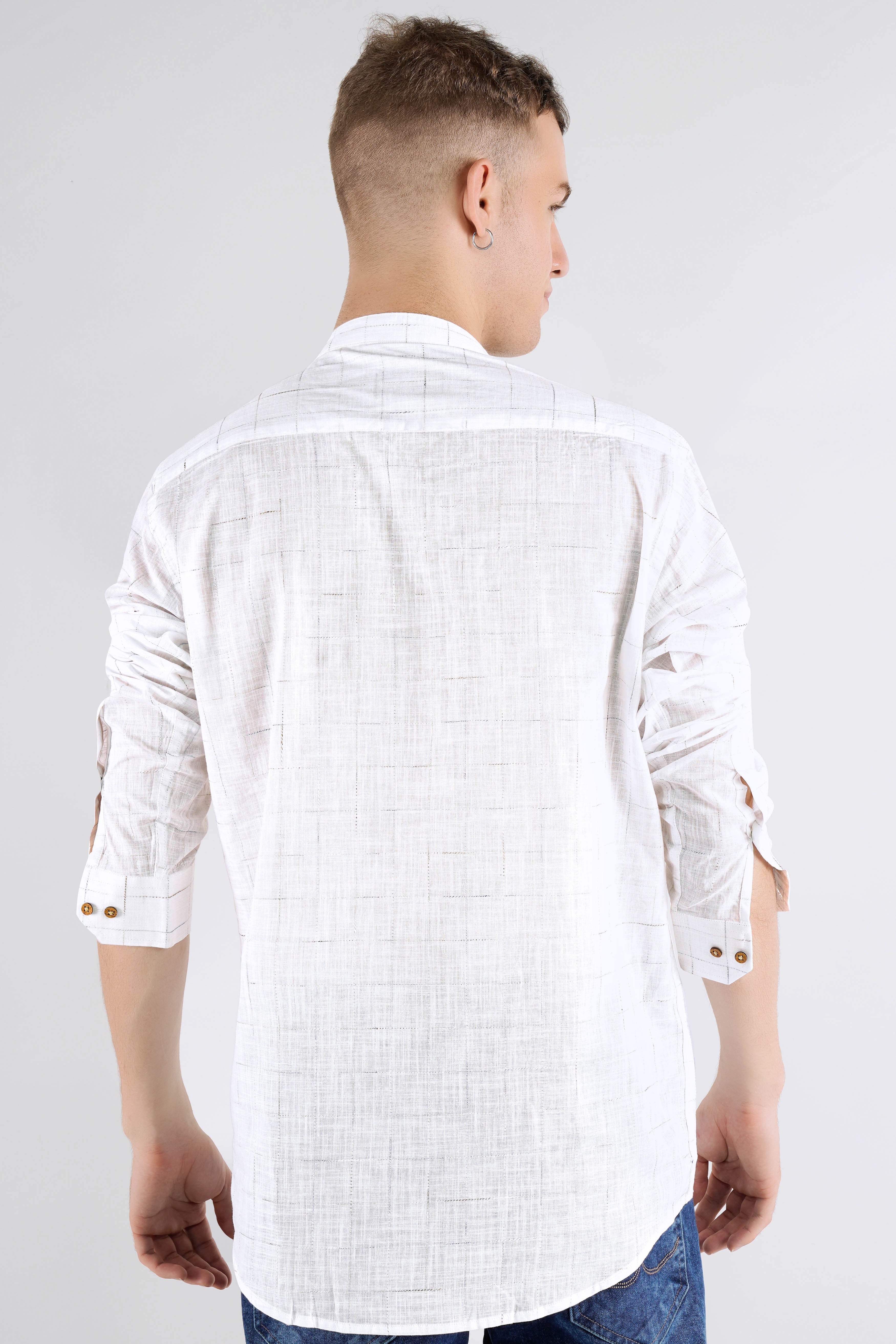 Bright White Checkered With Deer Embroidered Luxurious Linen Designer Kurta Shirt
