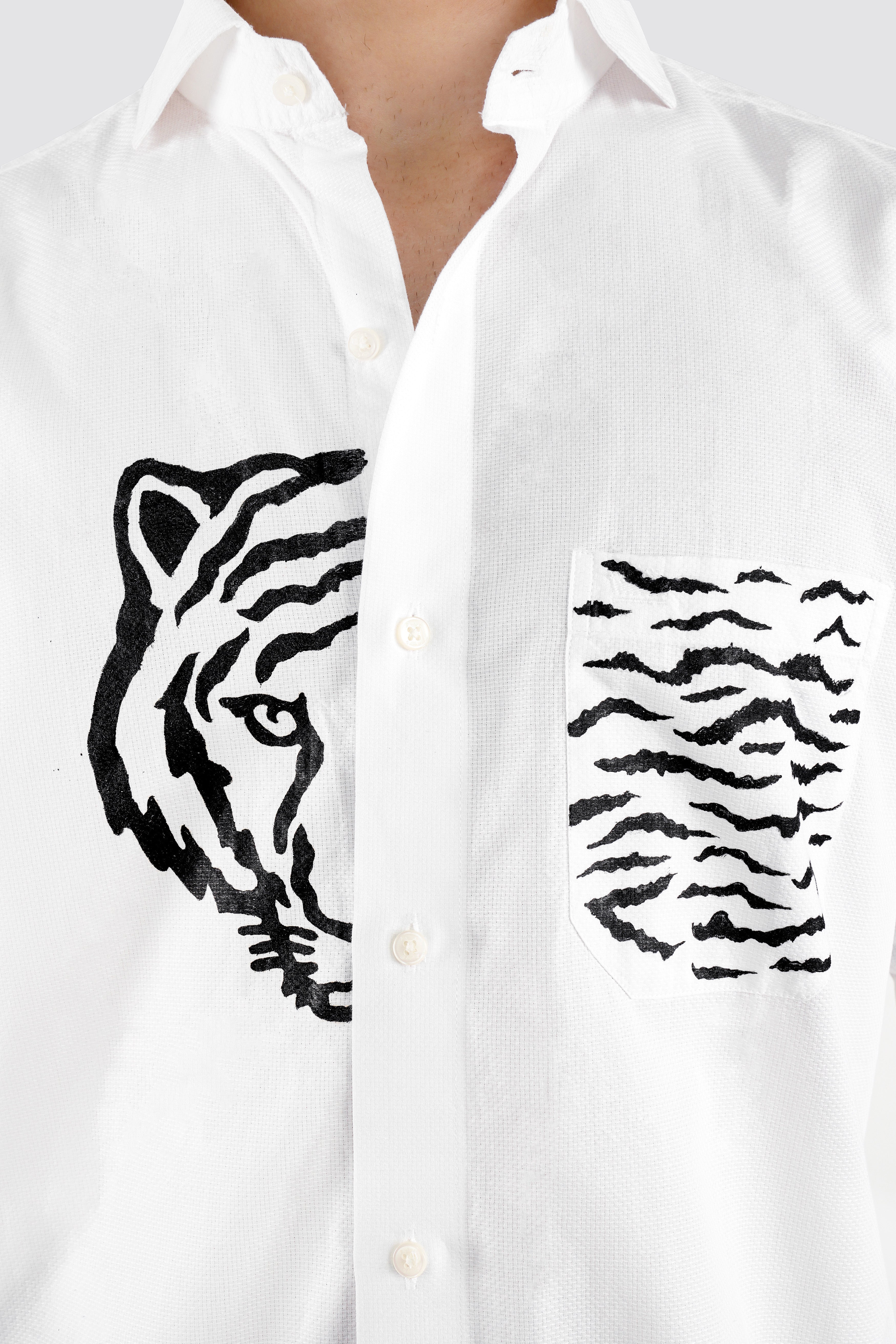 Bright White Tiger Hand Painted Dobby Textured Premium Giza Cotton Designer Shirt