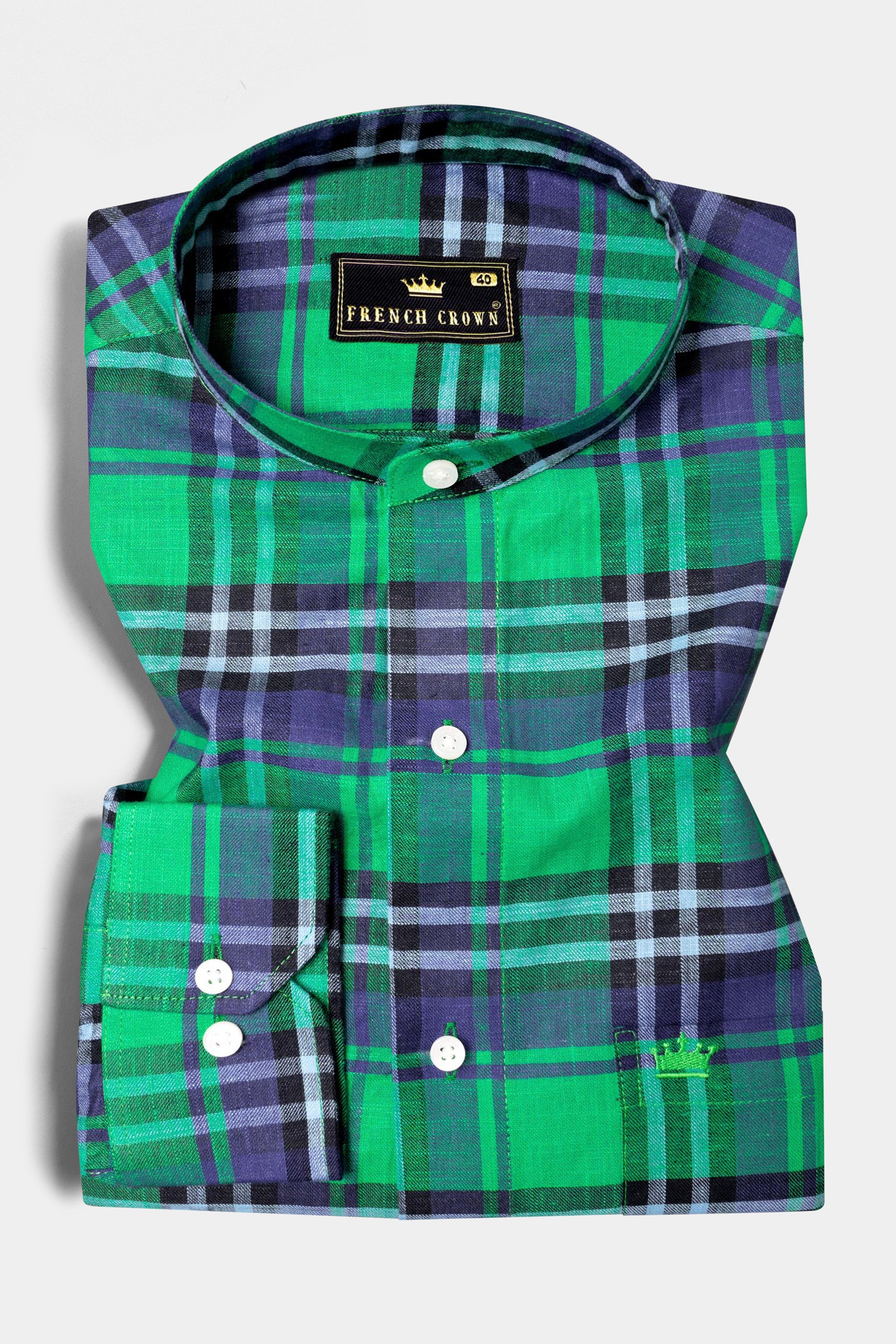 Shamrock Green with Victoria Blue Plaid Luxurious Linen Shirt