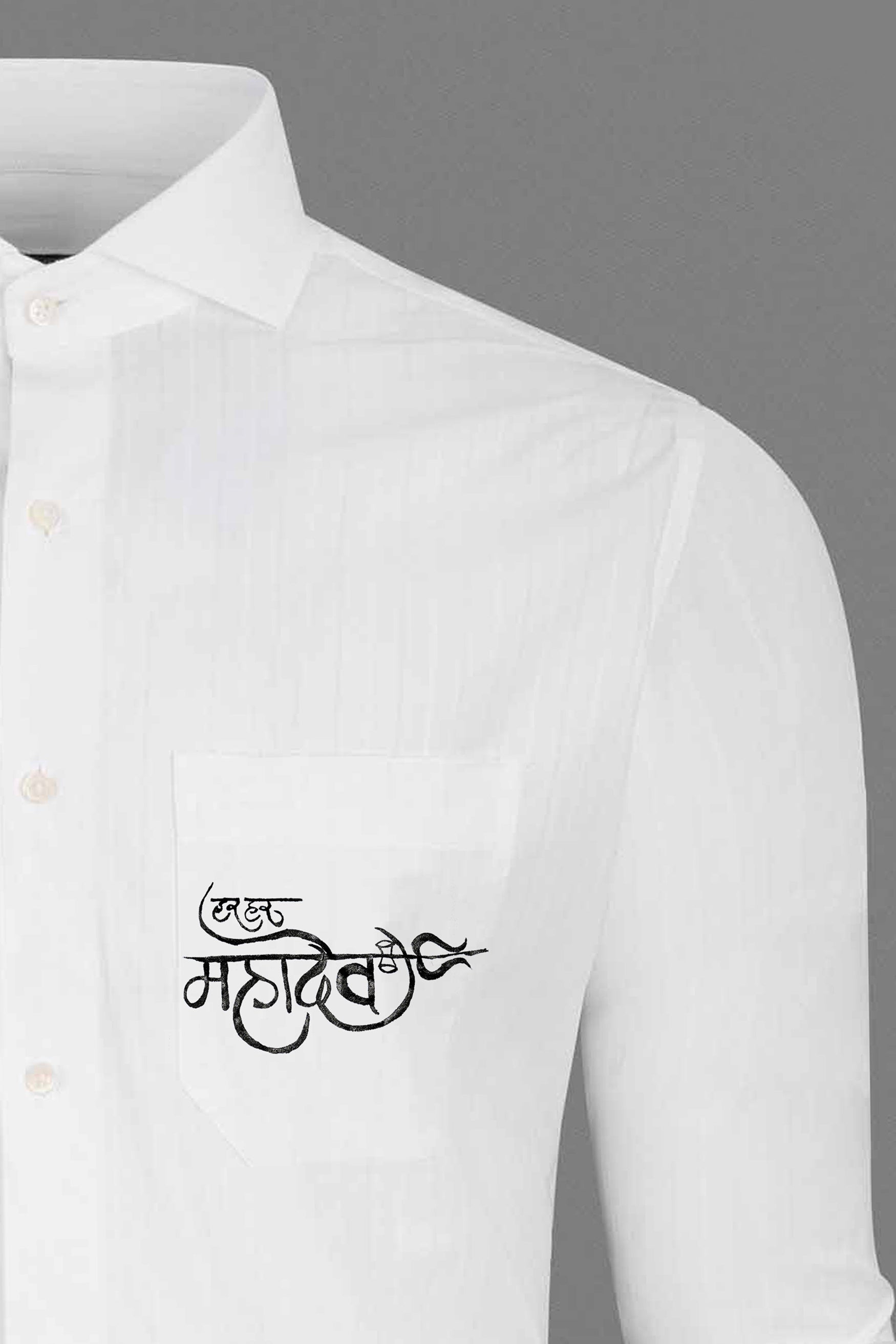 Bright White with Har Har Mahadev Hand Painted Dobby Textured Premium Giza Cotton Designer Shirt