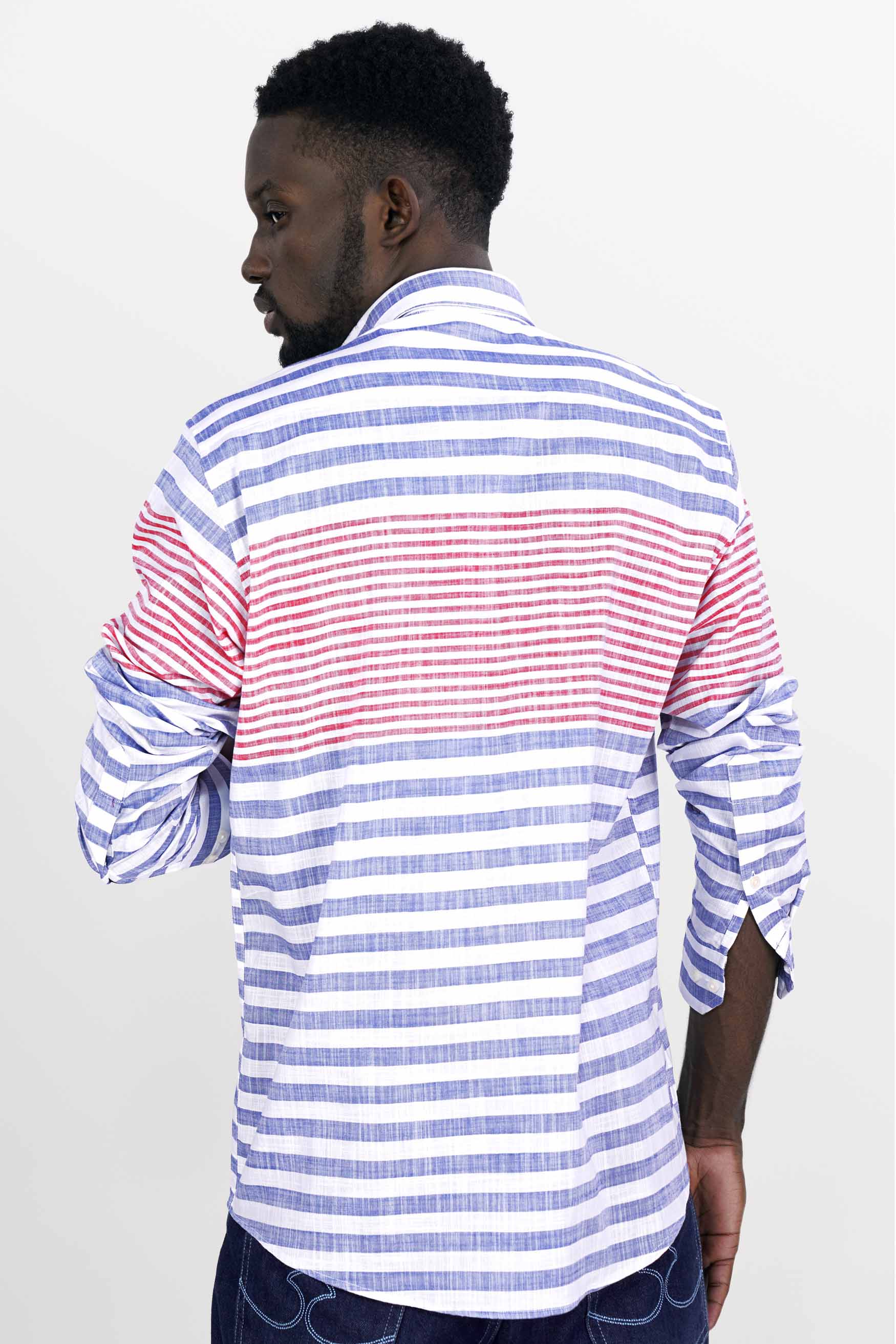 Lynch Blue with Reddish and Bright White Striped Funky Patchwork Luxurious Linen Designer Shirt 6165-BD-E178-38, 6165-BD-E178-H-38, 6165-BD-E178-39, 6165-BD-E178-H-39, 6165-BD-E178-40, 6165-BD-E178-H-40, 6165-BD-E178-42, 6165-BD-E178-H-42, 6165-BD-E178-44, 6165-BD-E178-H-44, 6165-BD-E178-46, 6165-BD-E178-H-46, 6165-BD-E178-48, 6165-BD-E178-H-48, 6165-BD-E178-50, 6165-BD-E178-H-50, 6165-BD-E178-52, 6165-BD-E178-H-52