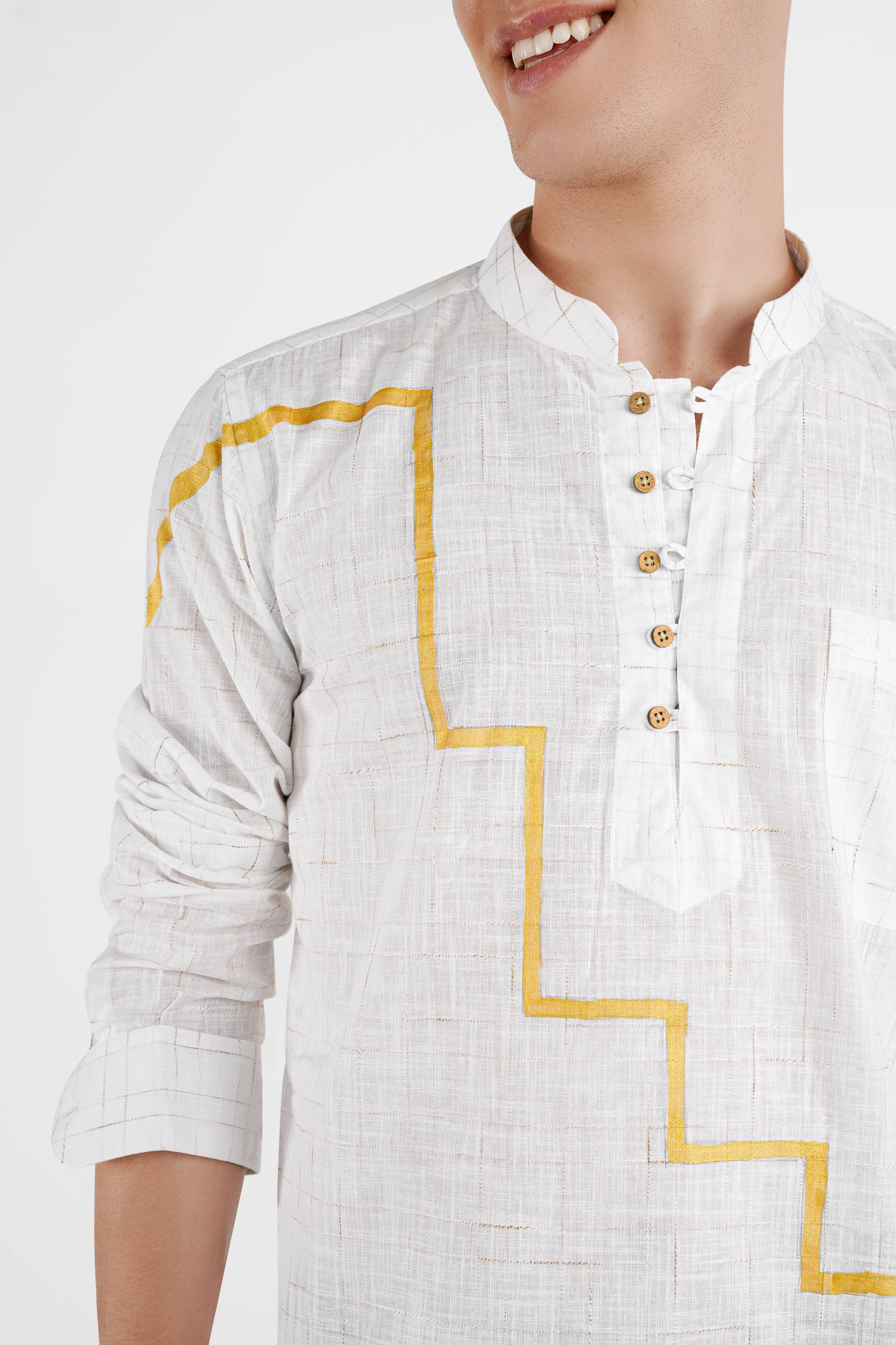 Bright White with Parchment Brown Hand Painted Luxurious Linen Designer Kurta Shirt