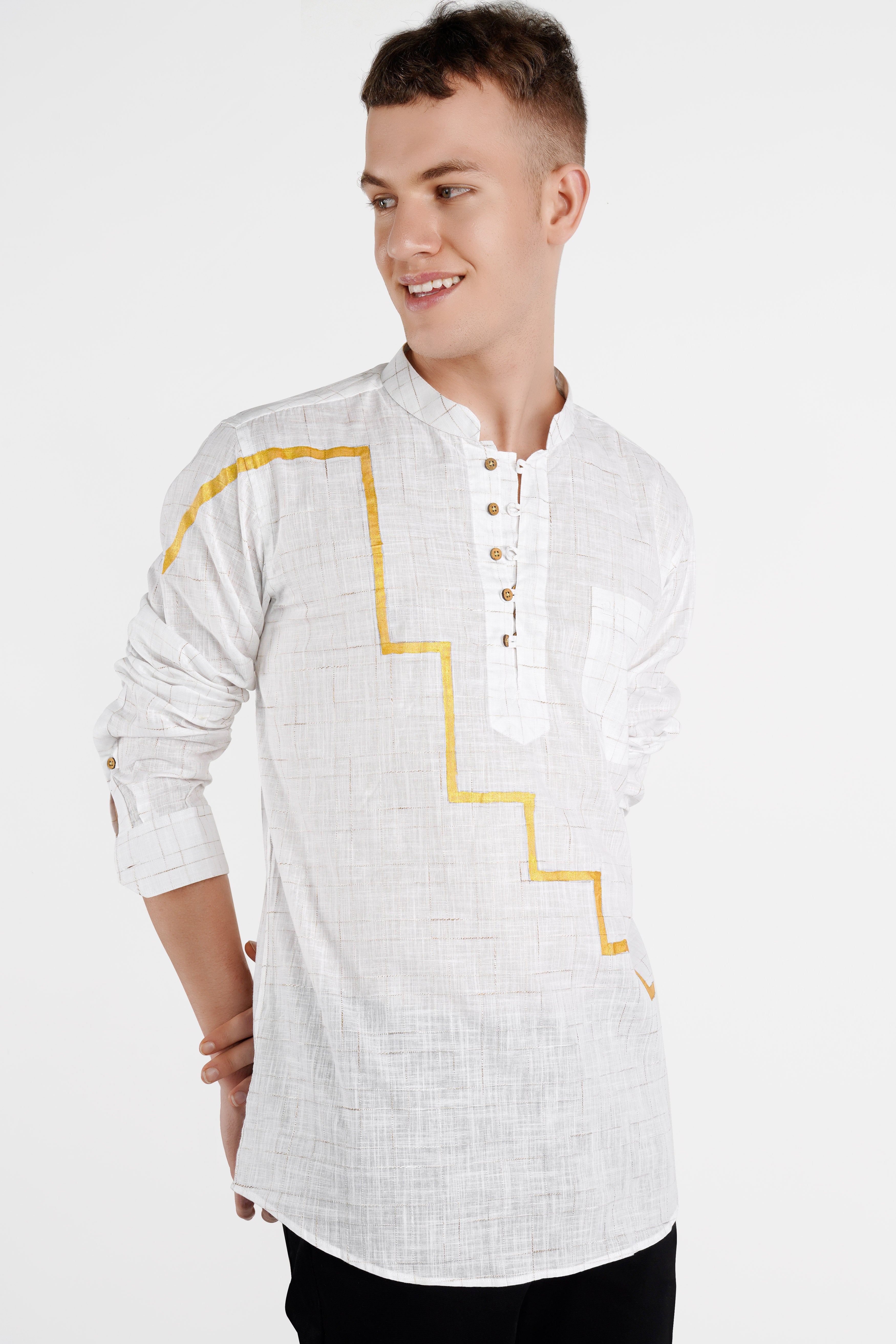 Bright White with Parchment Brown Hand Painted Luxurious Linen Designer Kurta Shirt